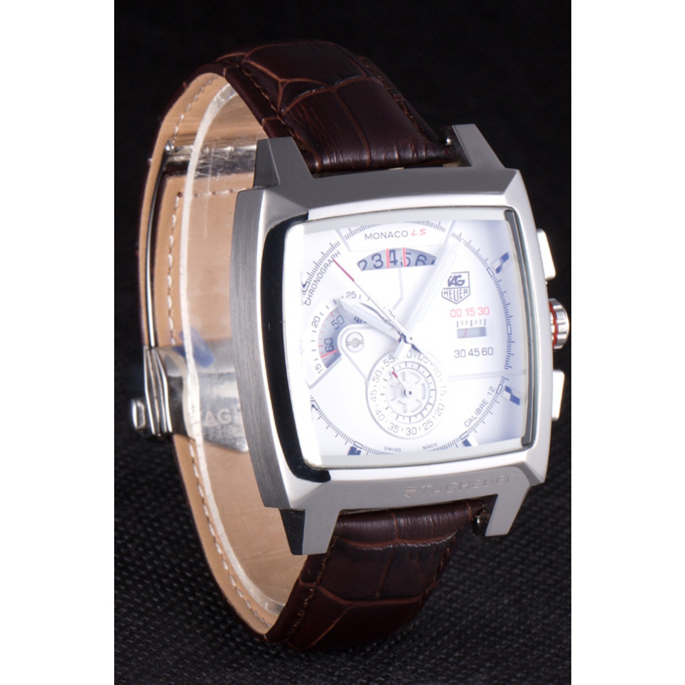 Tag Heuer Monaco Brushed Stainless Steel Case White Dial Brown Leather Strap 98173