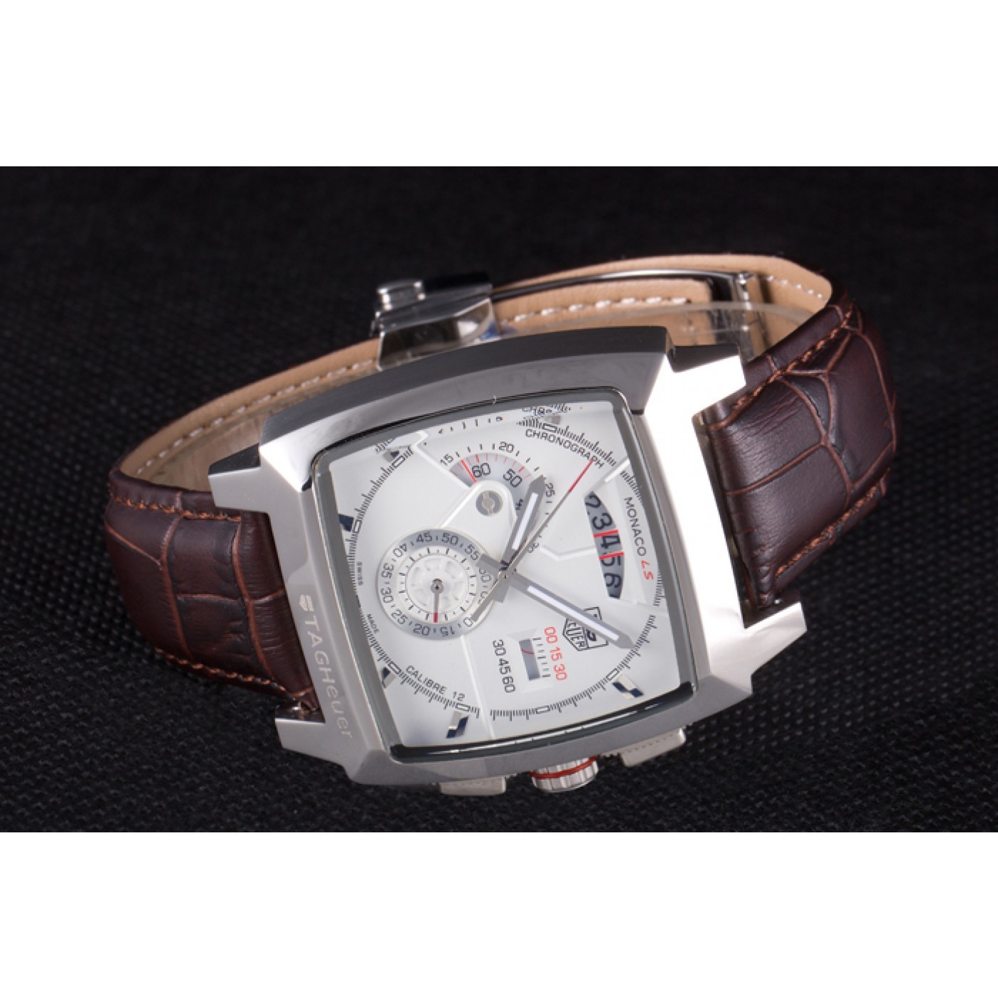 Tag Heuer Monaco Brushed Stainless Steel Case White Dial Brown Leather Strap 98173