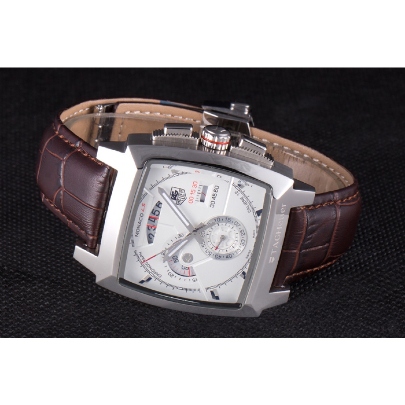 Tag Heuer Monaco Brushed Stainless Steel Case White Dial Brown Leather Strap 98173