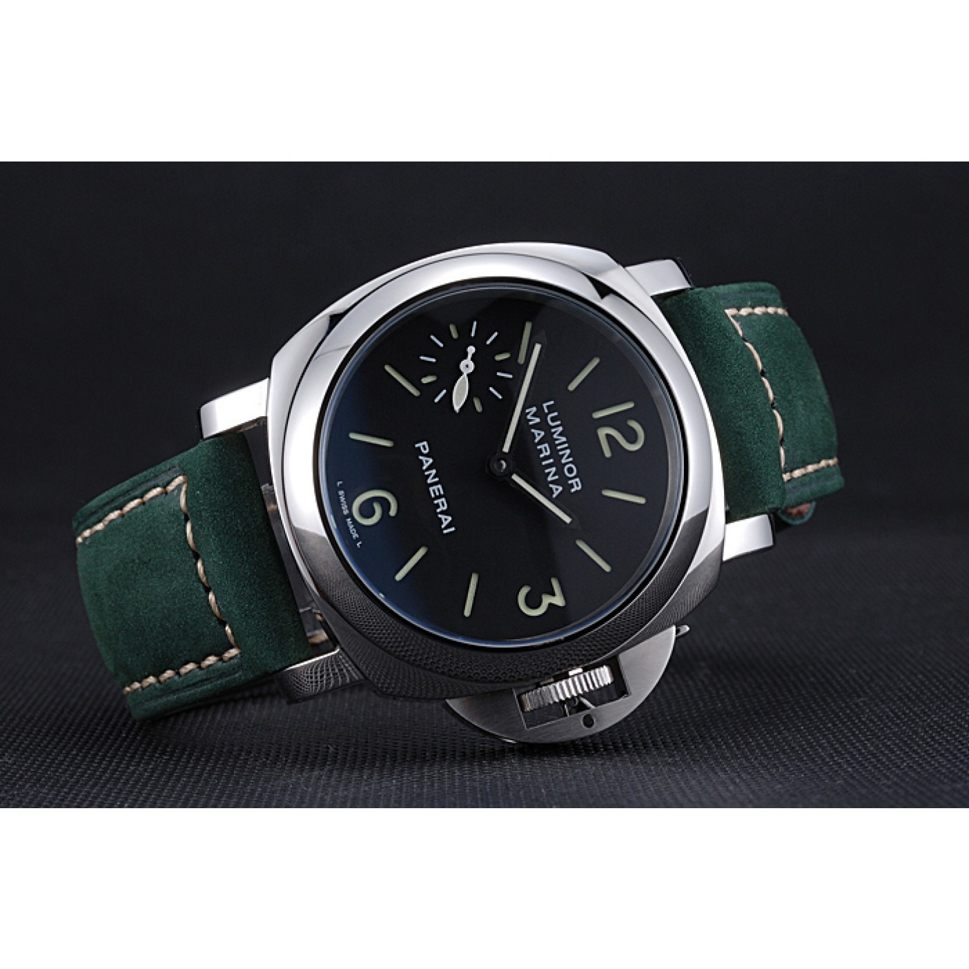 Panerai Luminor Marina Polished Stainless Steel Bezel Green Leather Bracelet 622310