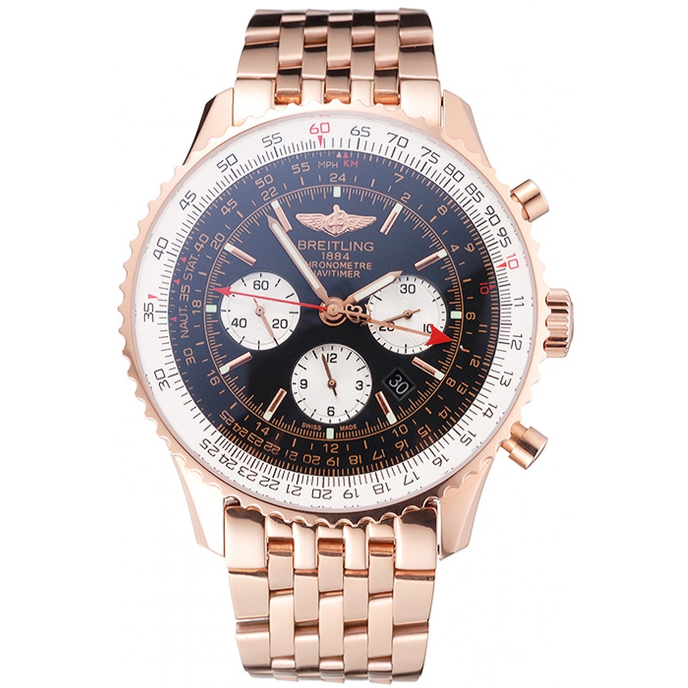 Swiss Breitling Navitimer Black Dial Rose Gold Case And Bracelet