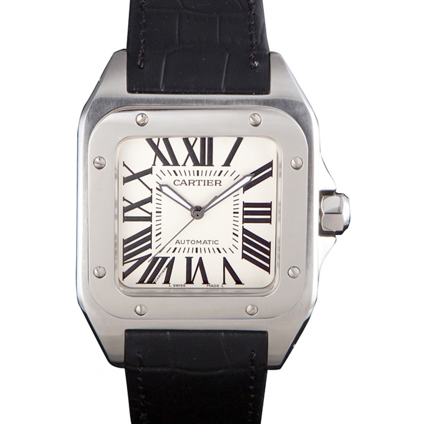 Swiss Cartier Santos Stainless Steel Bezel with Black Leather Strap 621524