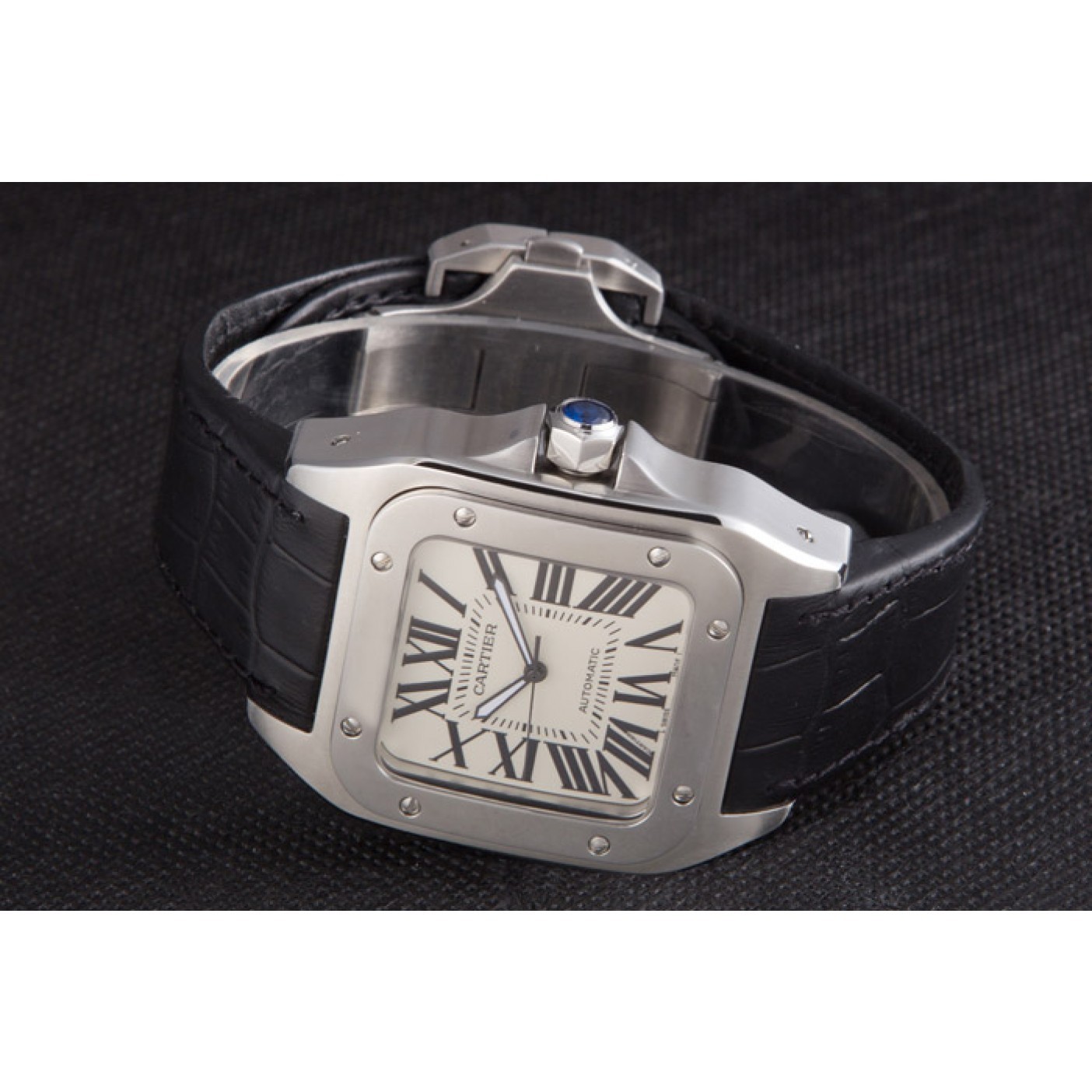 Swiss Cartier Santos Stainless Steel Bezel with Black Leather Strap 621524