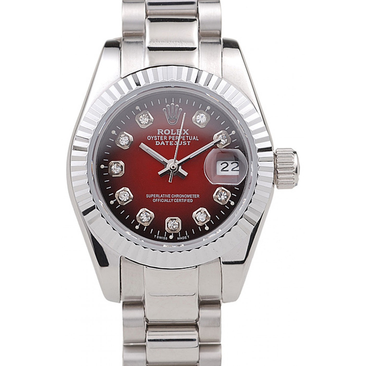 Rolex Datejust Polished Stainless Steel Two Tone Red Dial