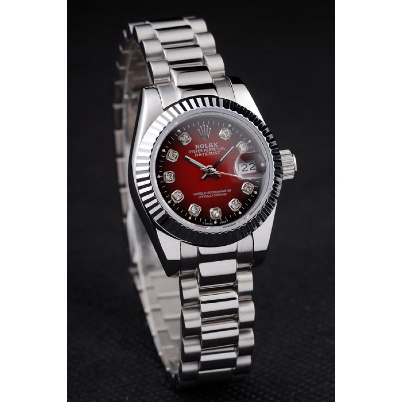 RepTime Watches Rolex Datejust Polished Stainless Steel Two Tone Red Dial