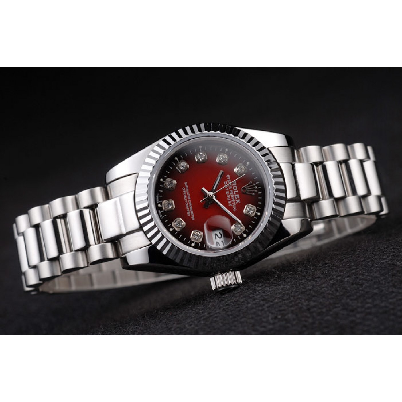 Rolex Datejust Polished Stainless Steel Two Tone Red Dial