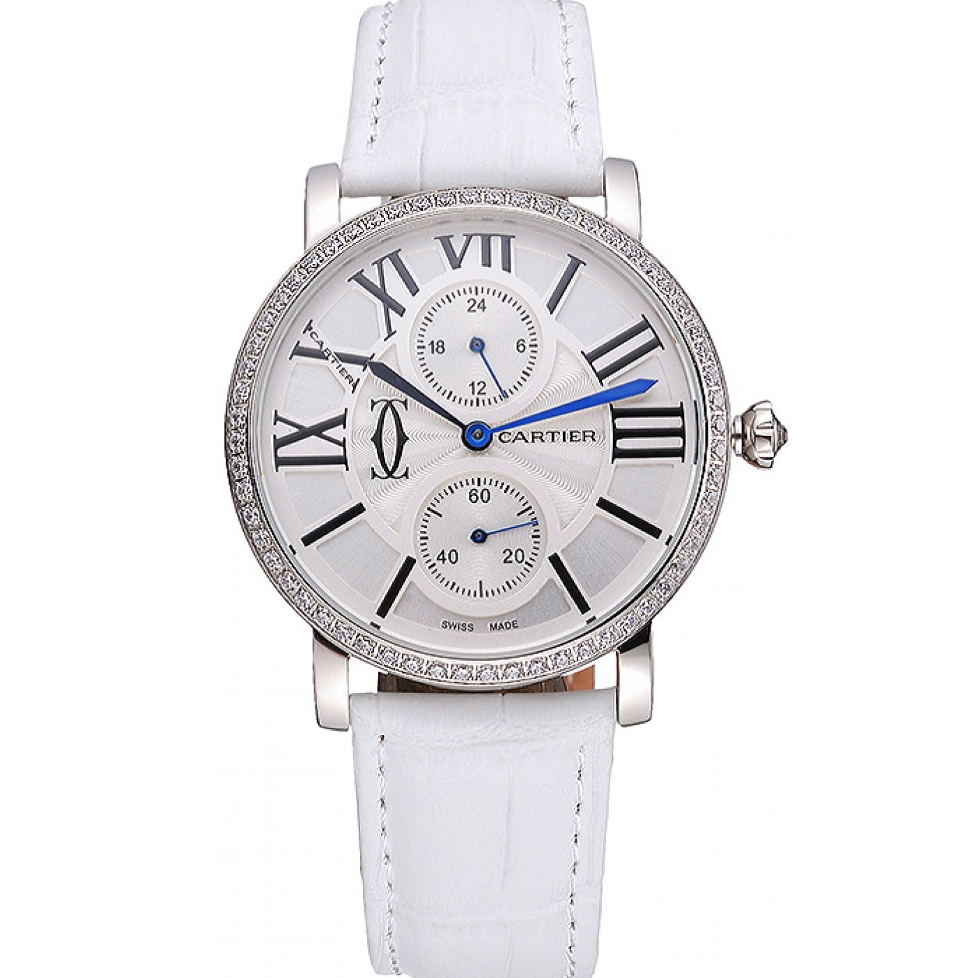 Cartier Ronde Second Time Zone White Dial Stainless Steel Case With Diamonds White Leather Strap 622803