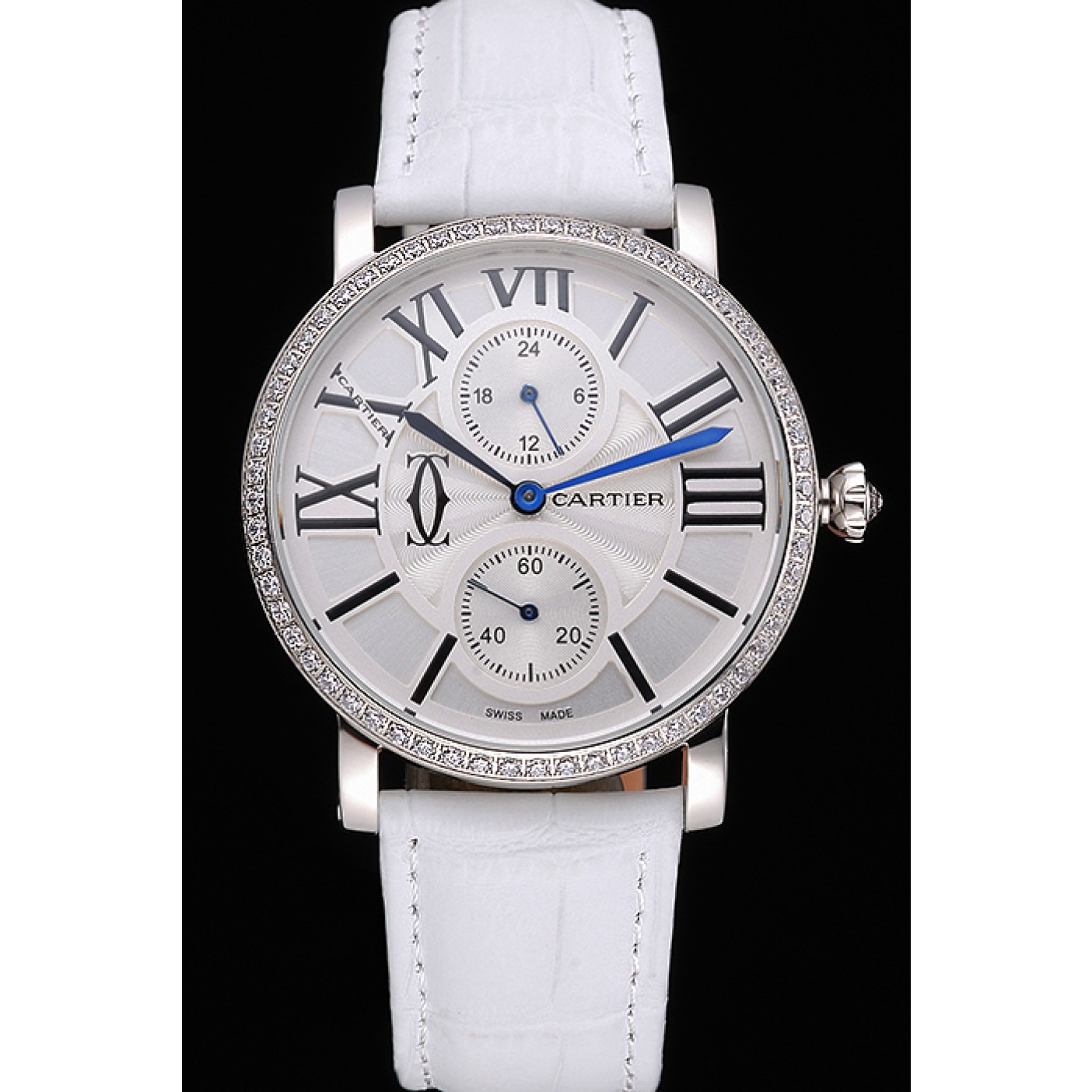 Cartier Ronde Second Time Zone White Dial Stainless Steel Case With Diamonds White Leather Strap 622803