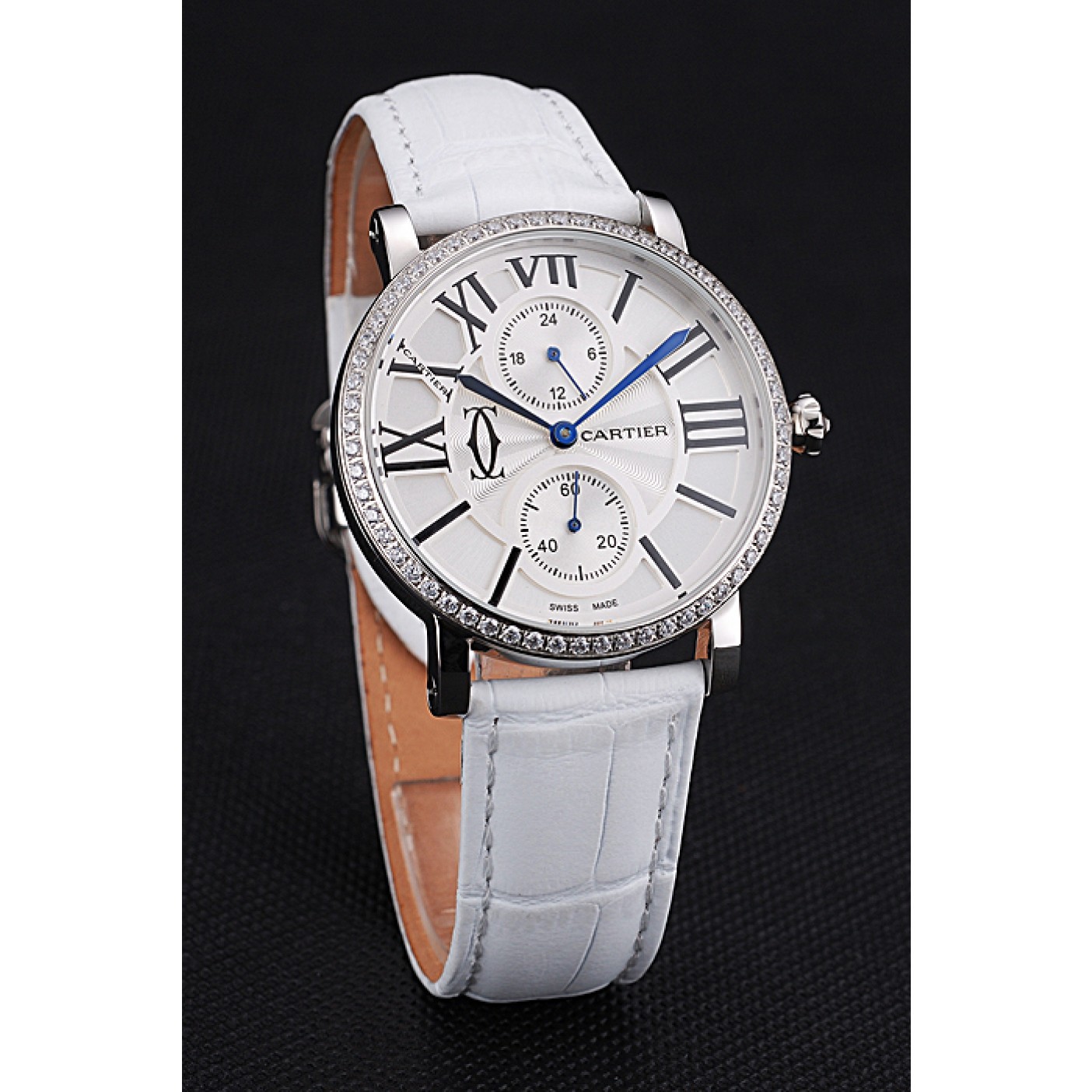 Cartier Ronde Second Time Zone White Dial Stainless Steel Case With Diamonds White Leather Strap 622803