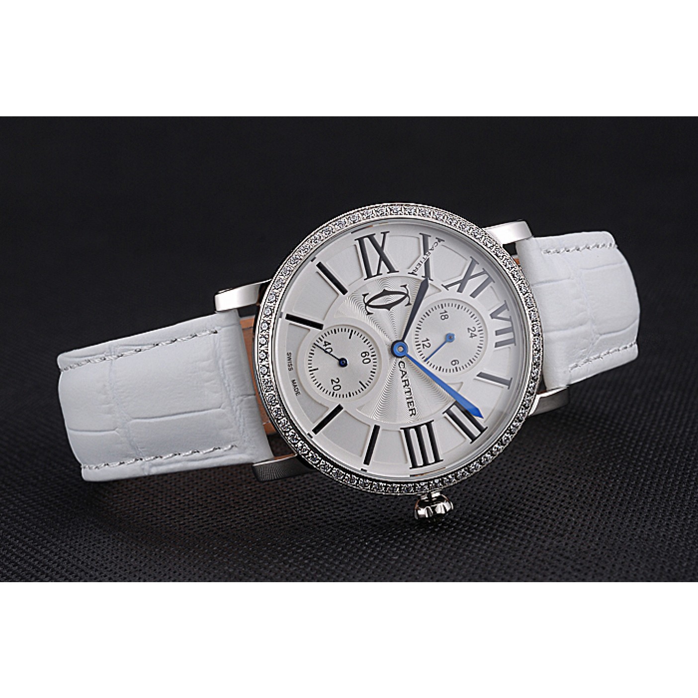 Cartier Ronde Second Time Zone White Dial Stainless Steel Case With Diamonds White Leather Strap 622803