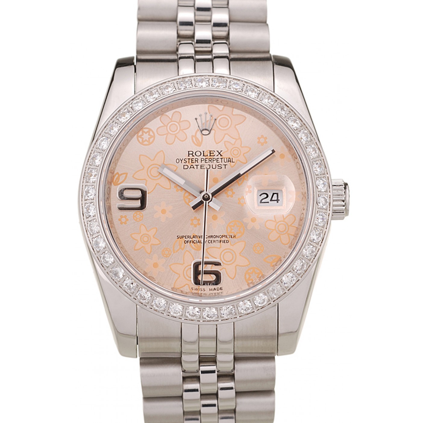 RepTime Watches Rolex DateJust Brushed Stainless Steel Case Orange Flowers Dial Diamonds Plated