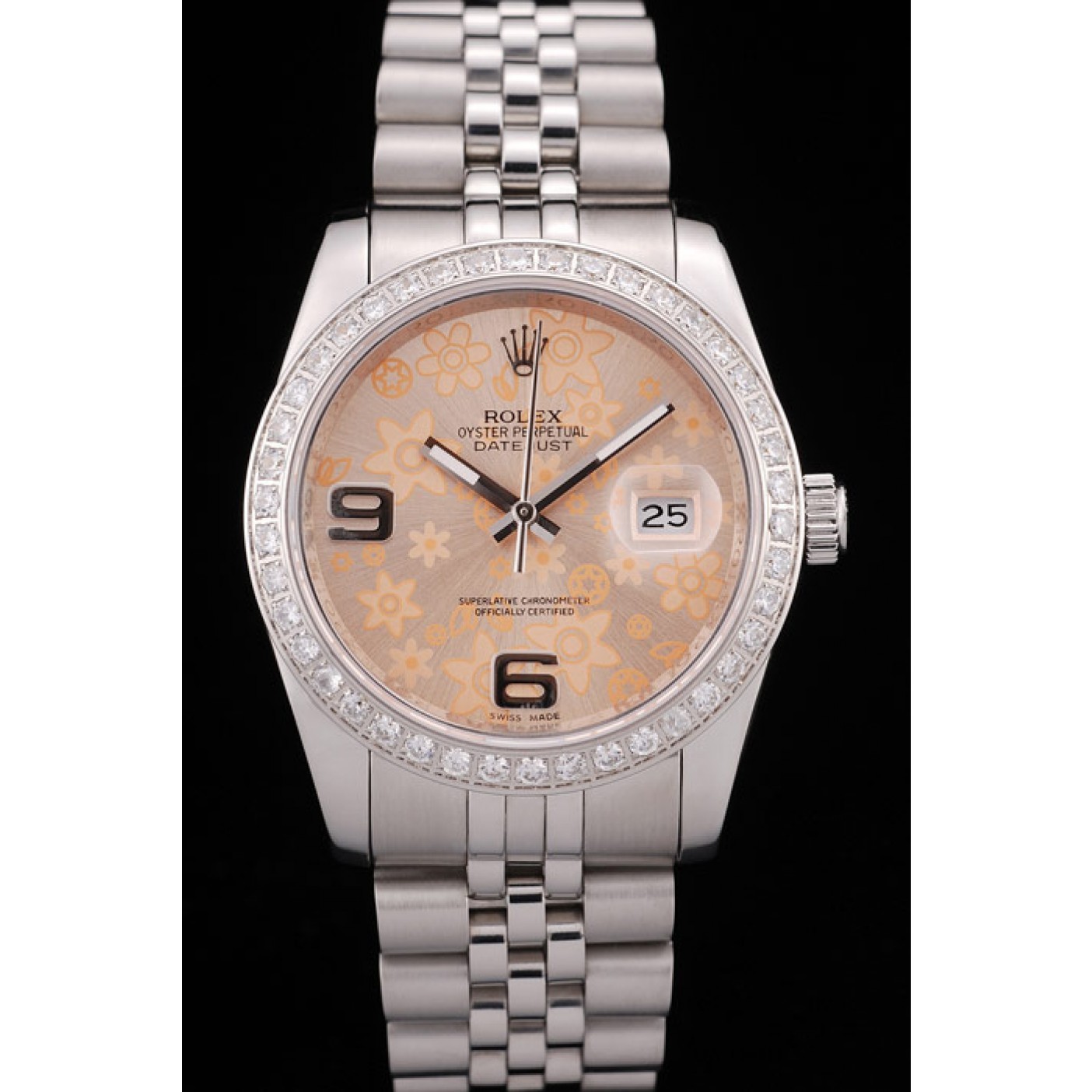 Rolex DateJust Brushed Stainless Steel Case Orange Flowers Dial Diamonds Plated