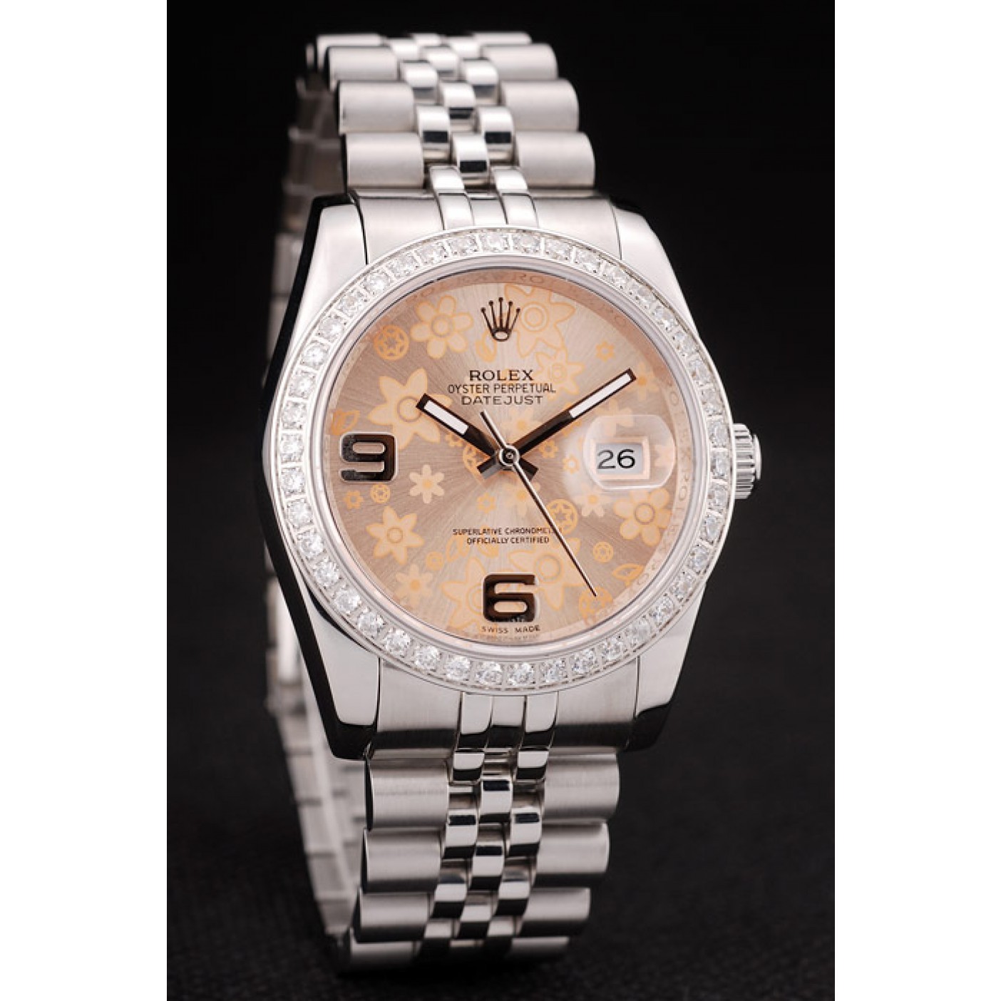 RepTime Watches Rolex DateJust Brushed Stainless Steel Case Orange Flowers Dial Diamonds Plated