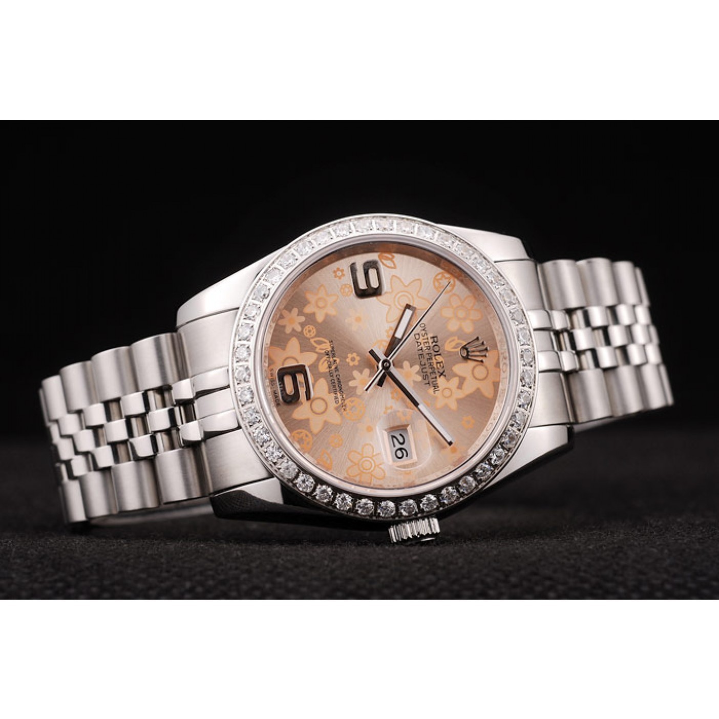 RepTime Watches Rolex DateJust Brushed Stainless Steel Case Orange Flowers Dial Diamonds Plated