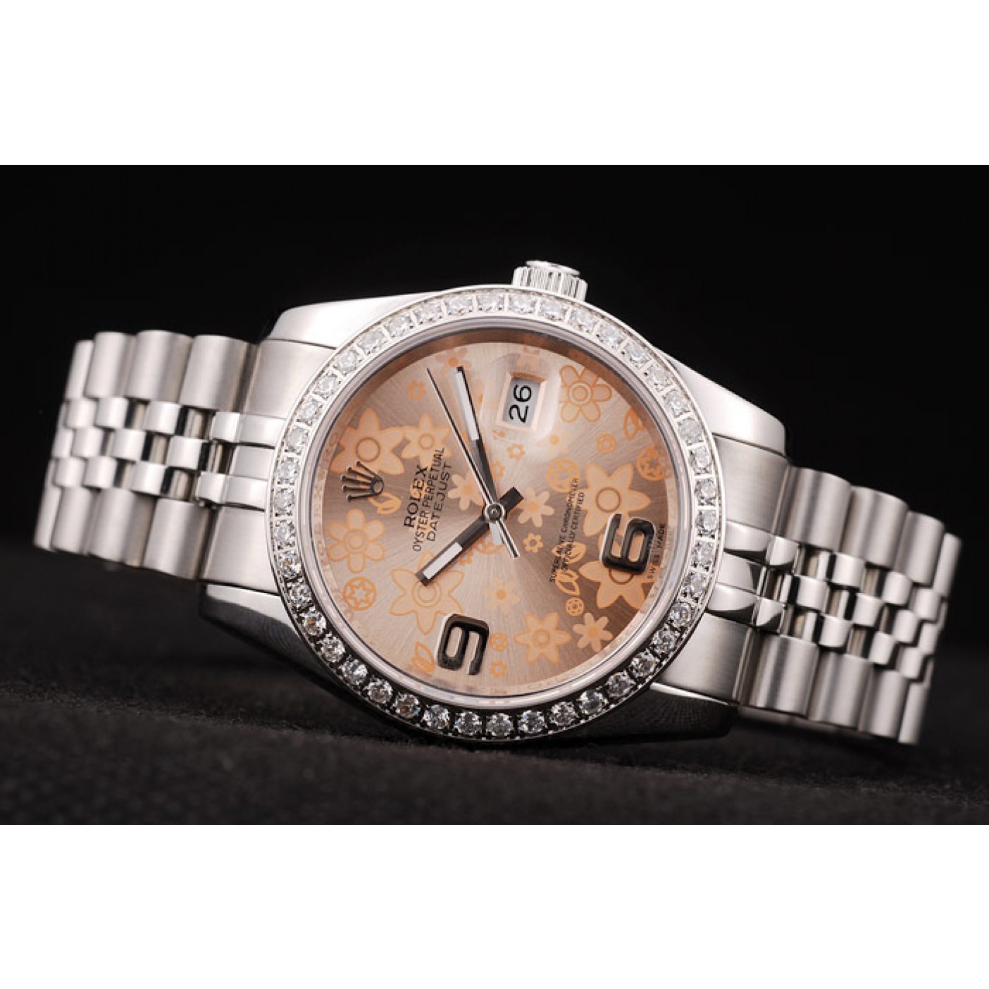 RepTime Watches Rolex DateJust Brushed Stainless Steel Case Orange Flowers Dial Diamonds Plated