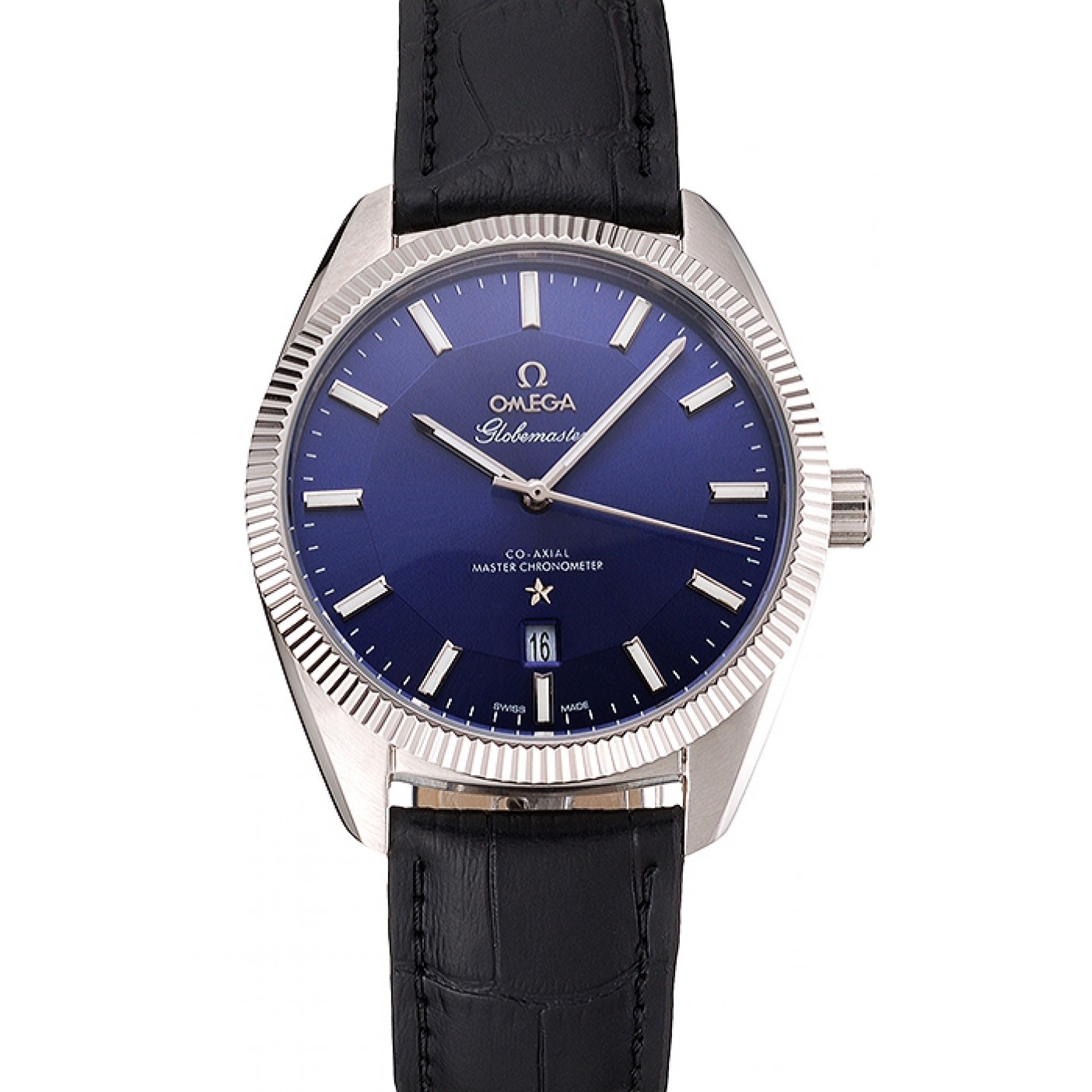 Omega Globemaster Blue Dial Stainless Steel Case Black Leather Strap