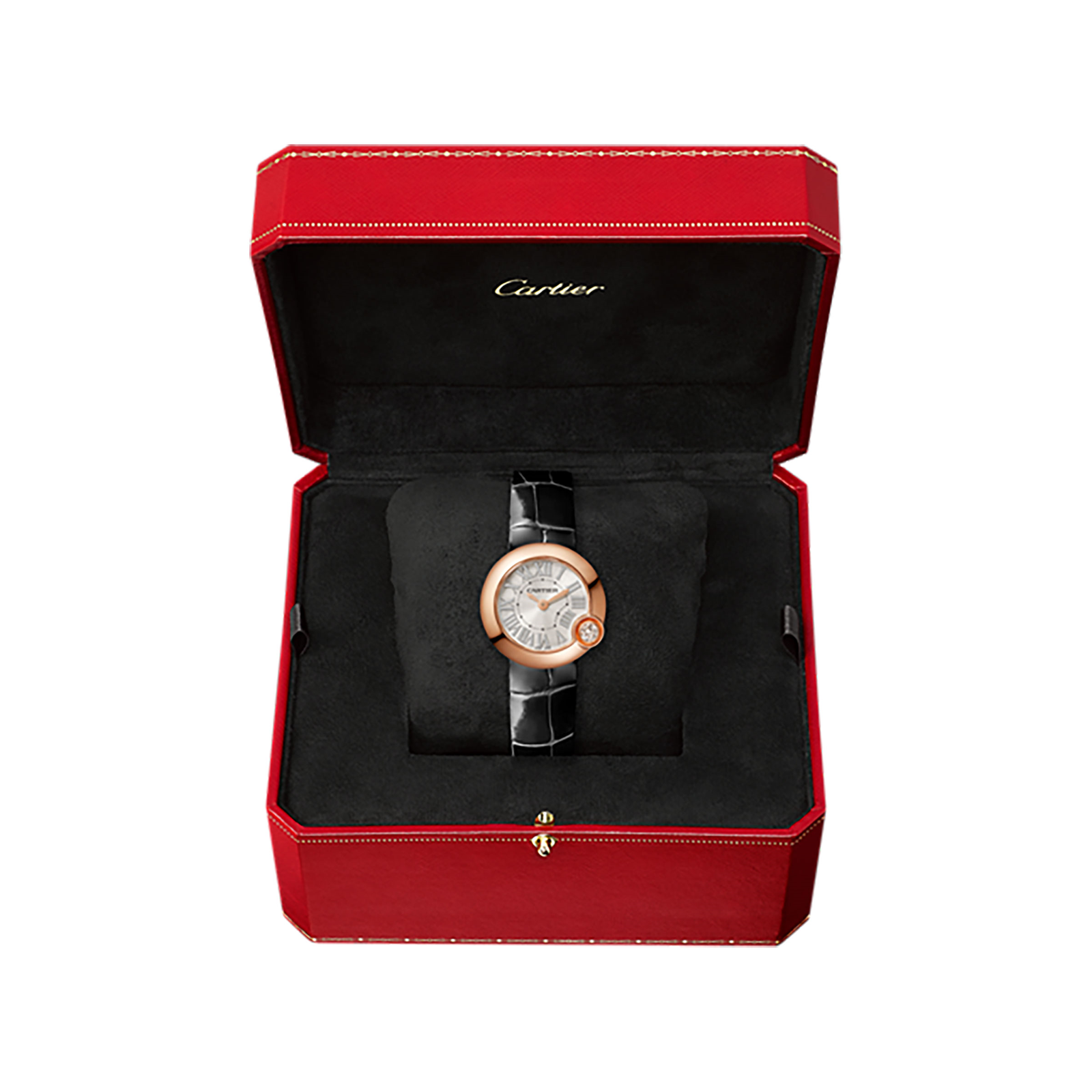 Rep Swiss Ballon Blanc de Cartier watch, 26 mm, pink gold, diamond, leather