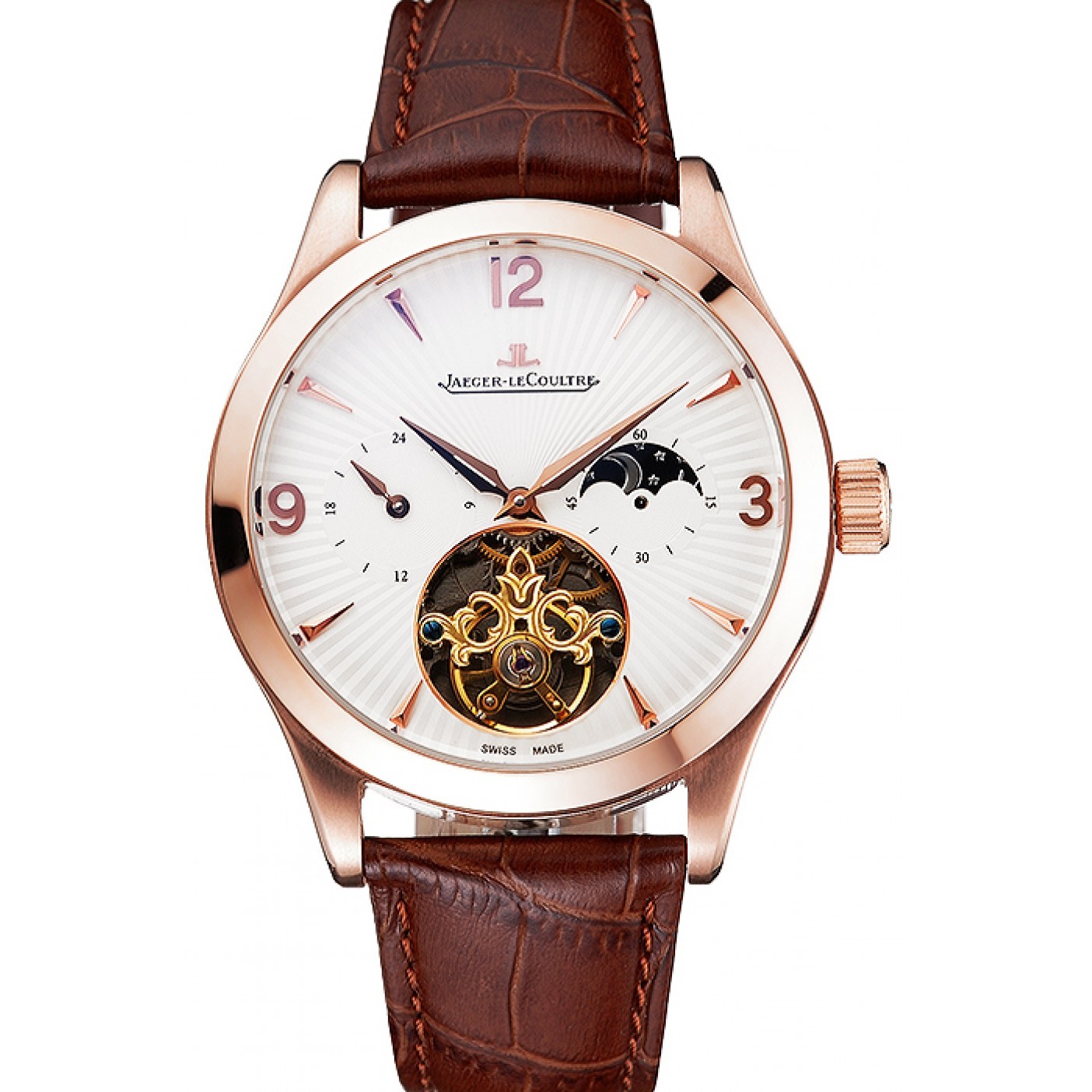 Jaeger LeCoultre Master Moonphase Tourbillon White Dial Rose Gold Case Brown Leather Strap