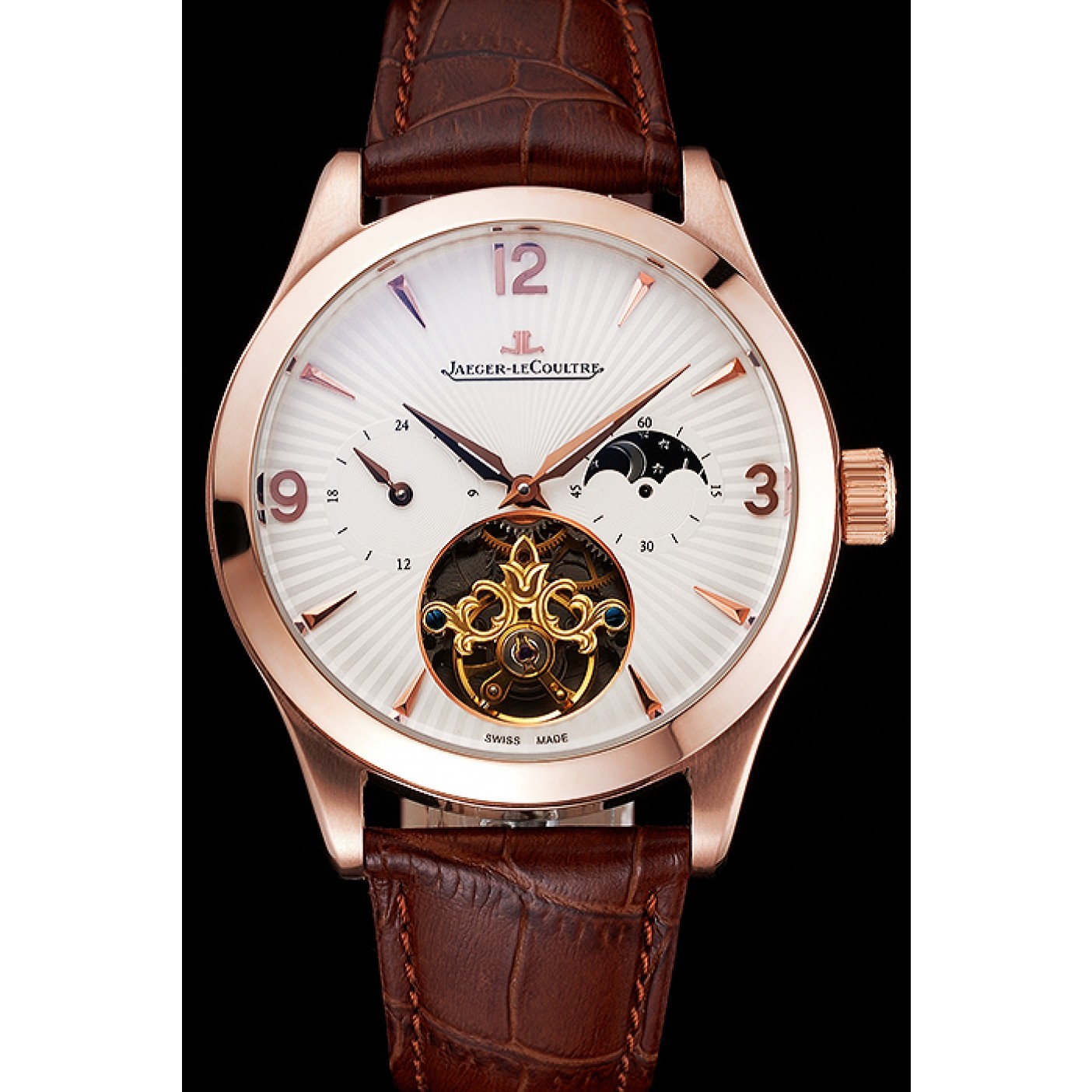 Jaeger LeCoultre Master Moonphase Tourbillon White Dial Rose Gold Case Brown Leather Strap