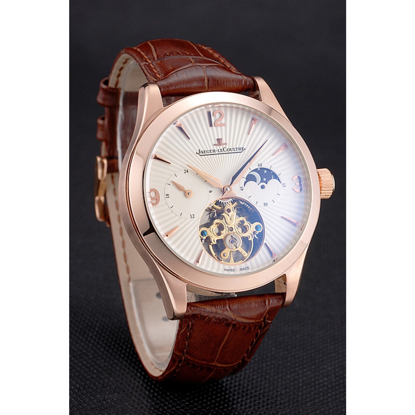 Jaeger LeCoultre Master Moonphase Tourbillon White Dial Rose Gold Case Brown Leather Strap