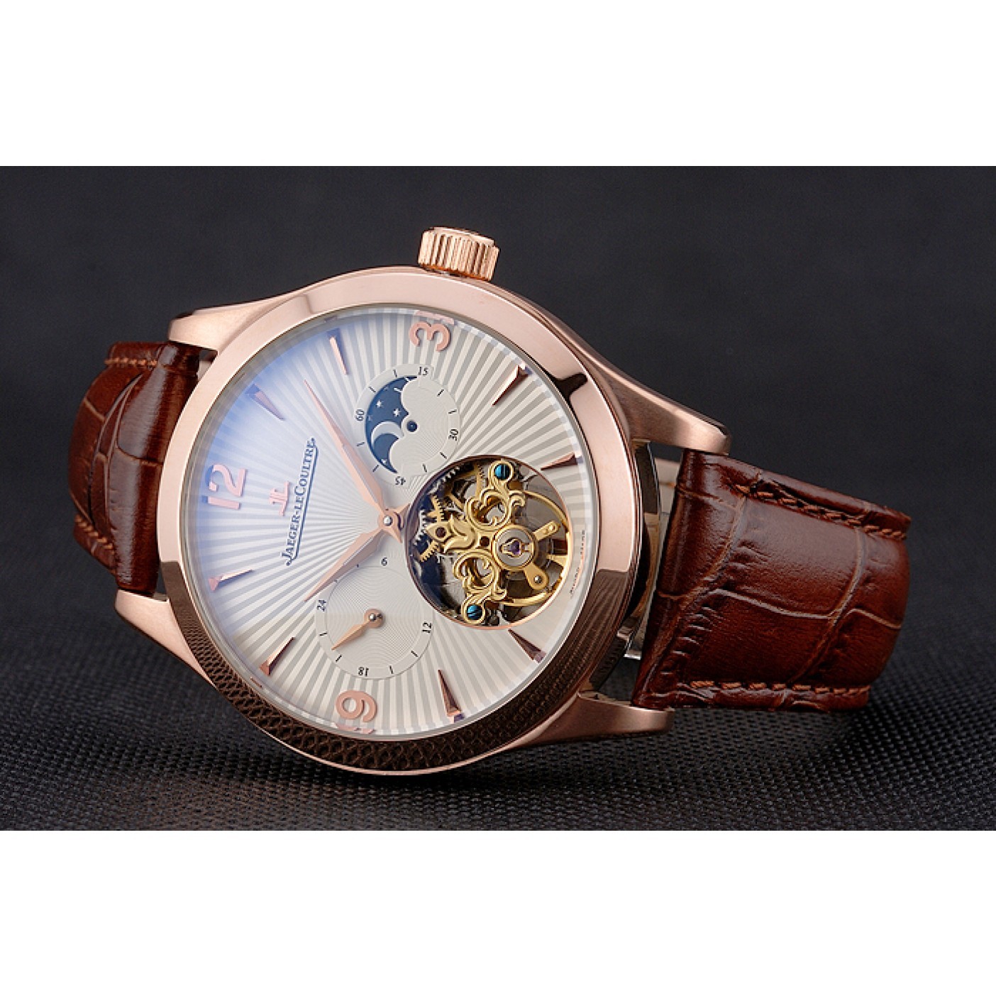 Jaeger LeCoultre Master Moonphase Tourbillon White Dial Rose Gold Case Brown Leather Strap