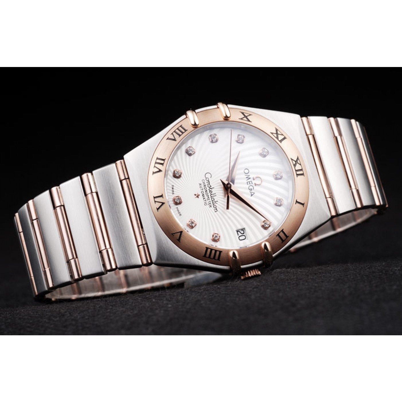 Omega Swiss Constellation Jewelry Rose Gold Case Radial Emblem White Dial