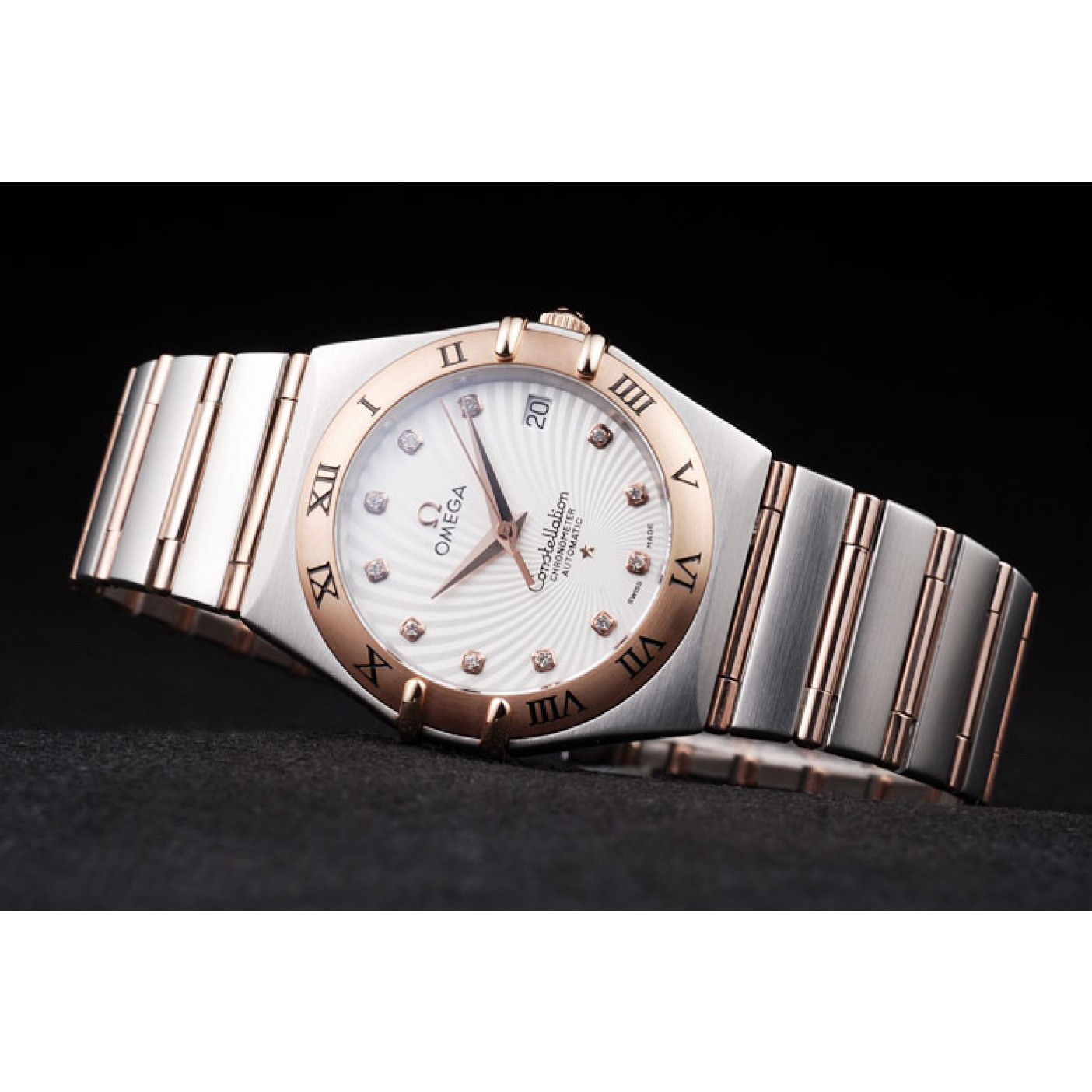 Omega Swiss Constellation Jewelry Rose Gold Case Radial Emblem White Dial