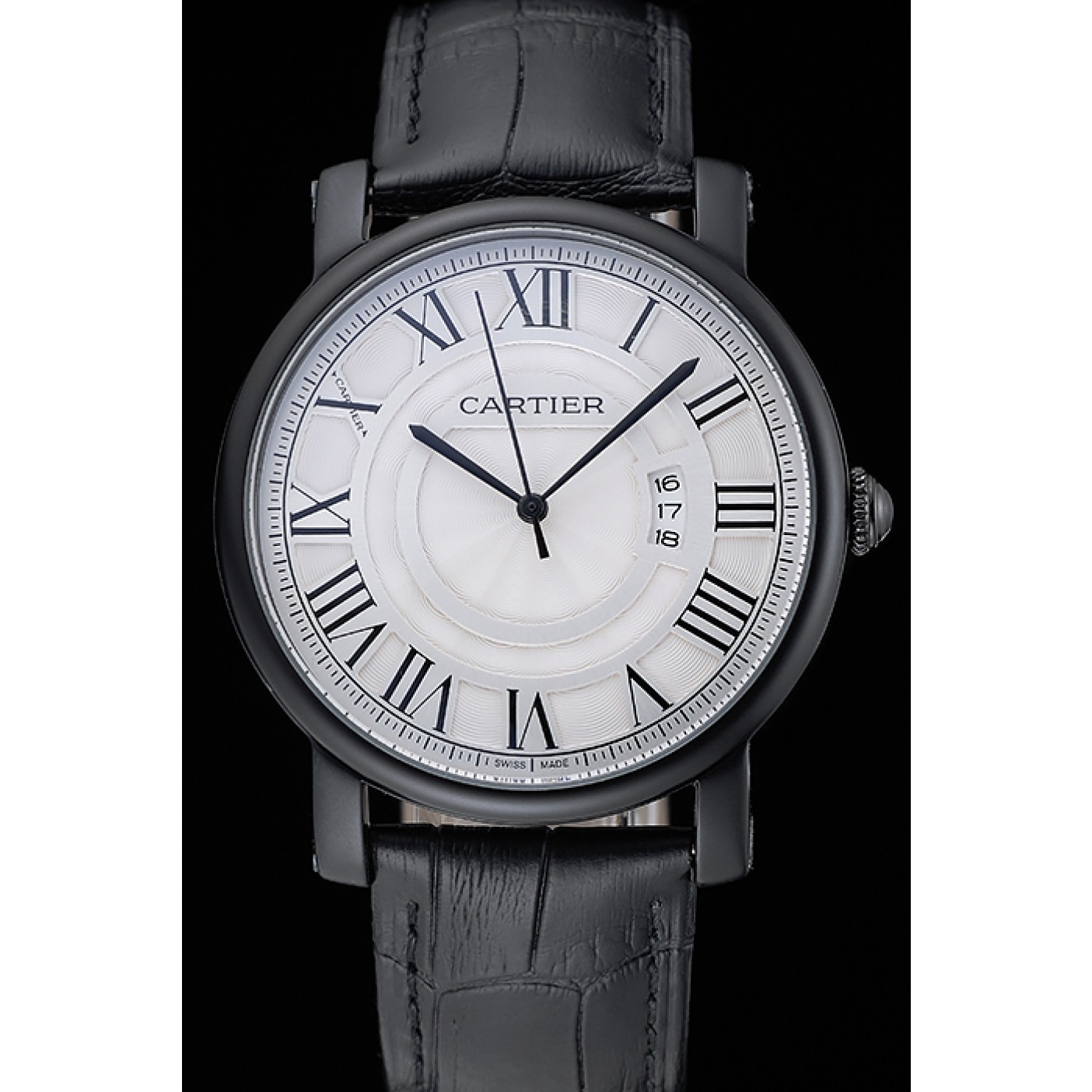 Fake Cartier Rotonde White Dial Black Case Black Leather Bracelet 1454220