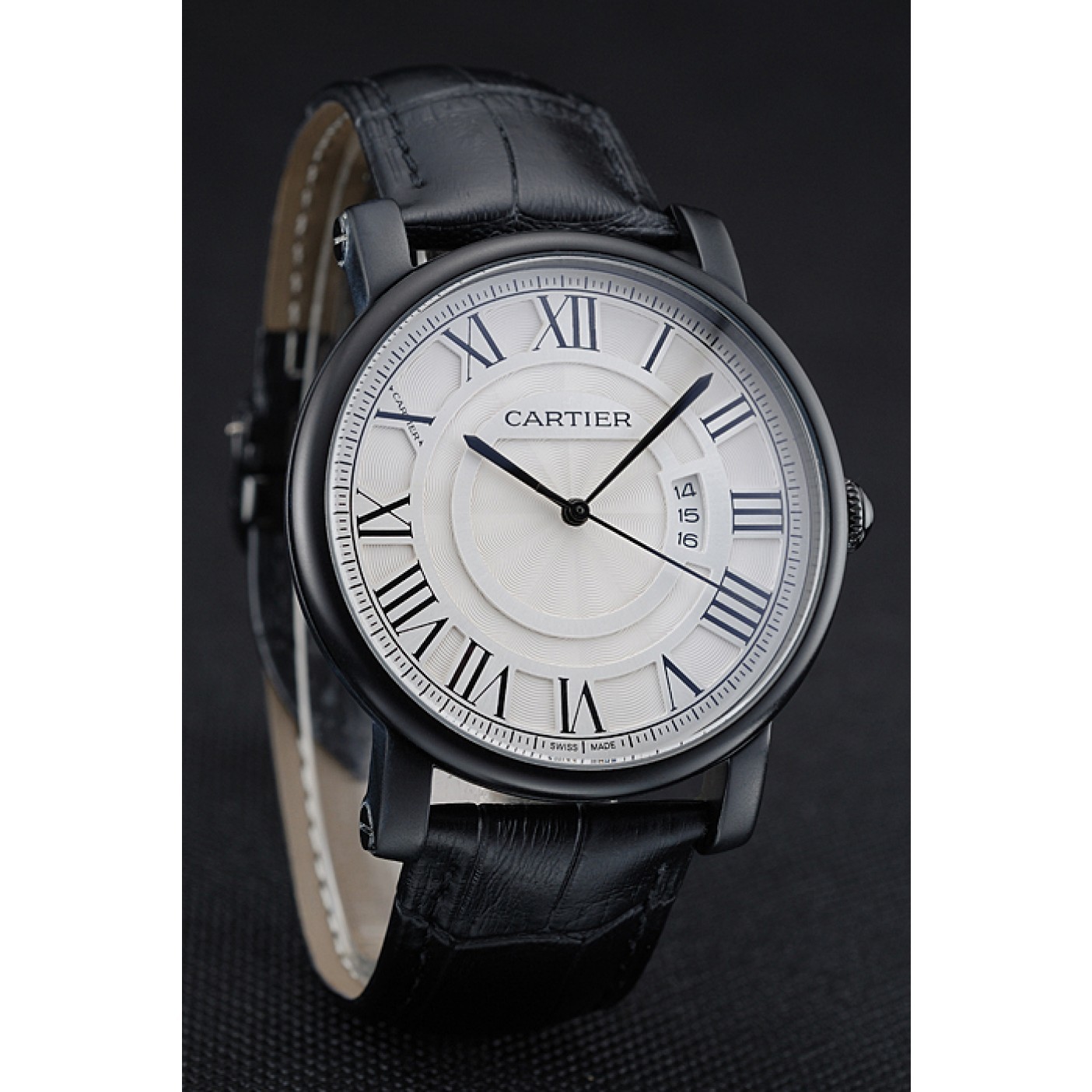 Fake Cartier Rotonde White Dial Black Case Black Leather Bracelet 1454220