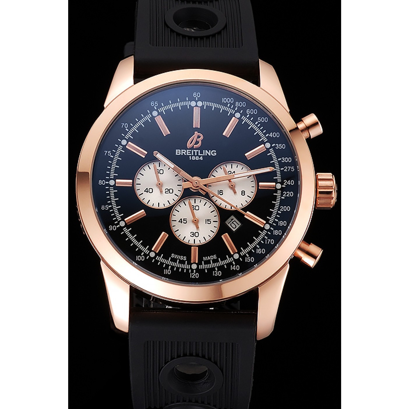 Breitling Transocean Black Dial Black Rubber Strap Rose Gold Bezel 98207