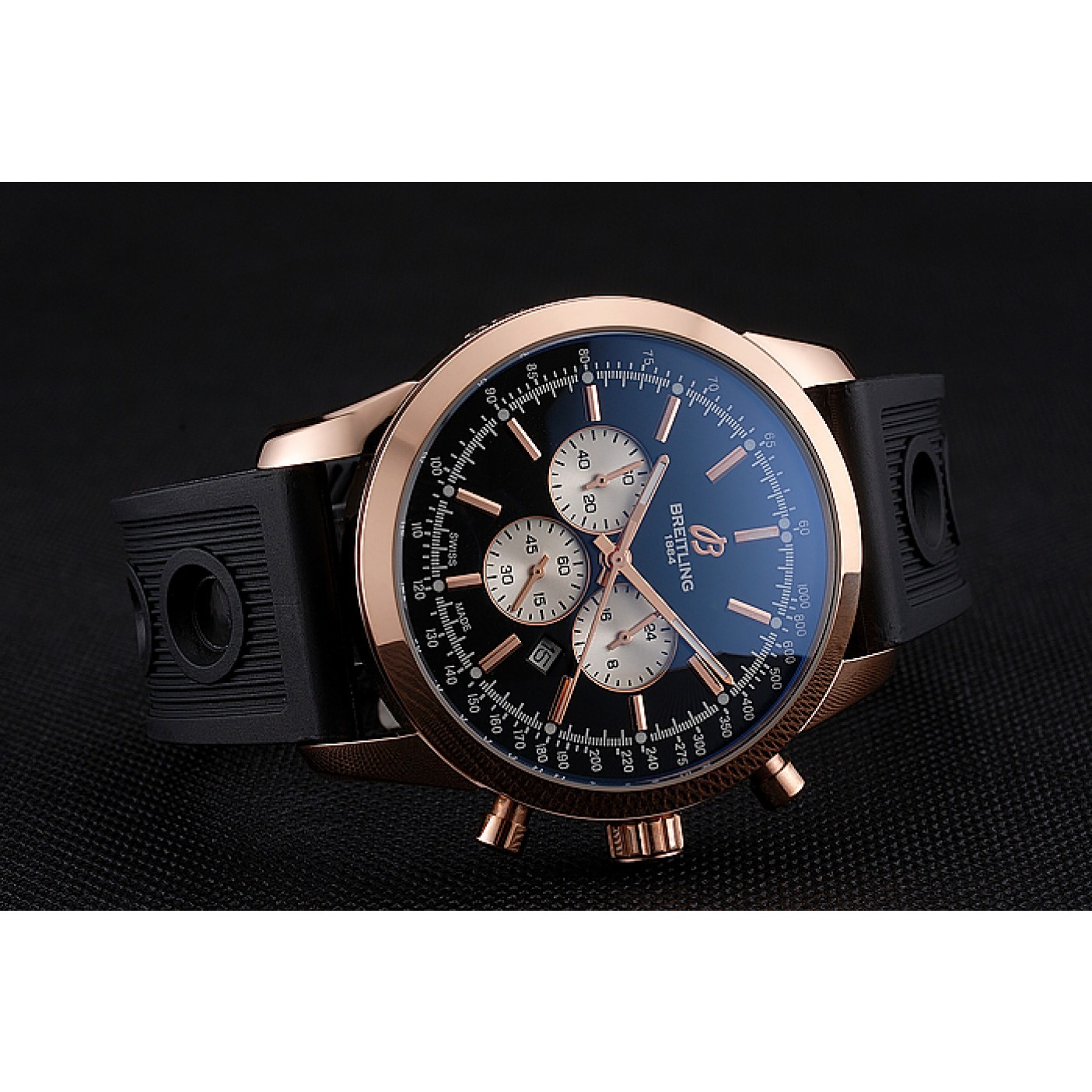 Breitling Transocean Black Dial Black Rubber Strap Rose Gold Bezel 98207