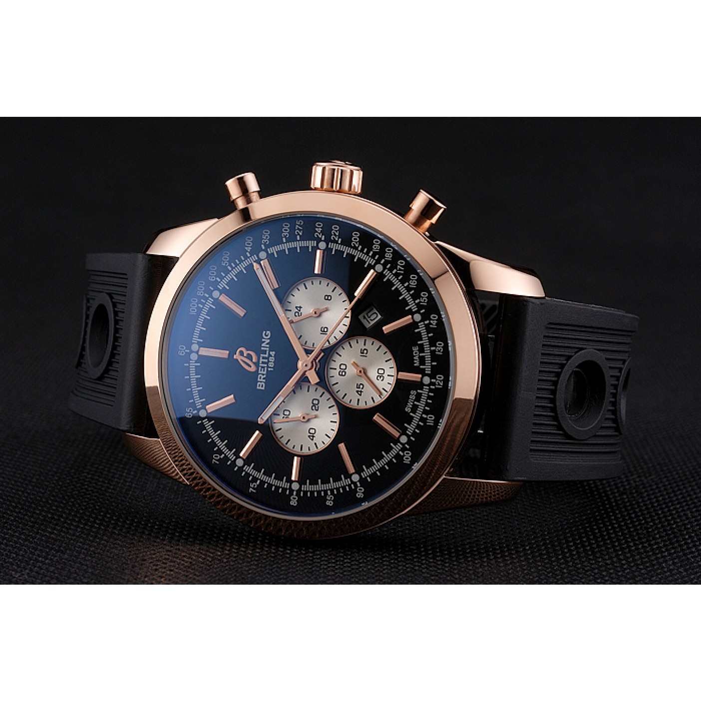 Breitling Transocean Black Dial Black Rubber Strap Rose Gold Bezel 98207