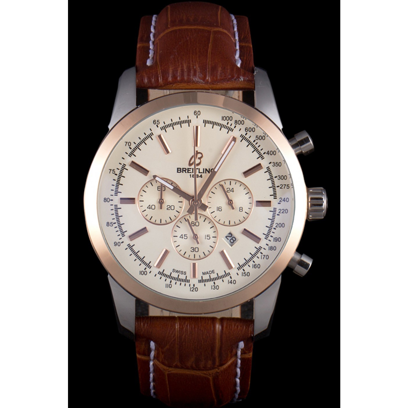 Breitling Transocean White Dial Light Brown Leather Strap Rose Gold Bezel