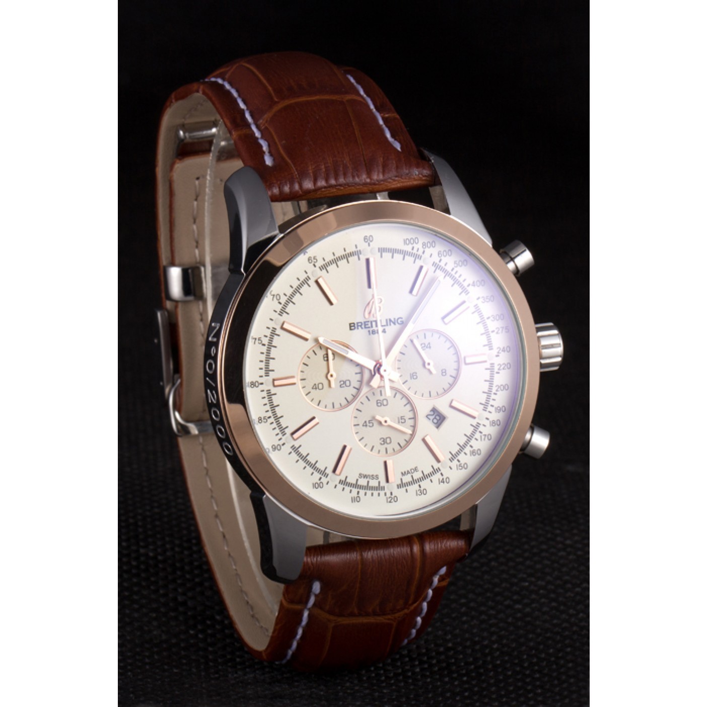 Breitling Transocean White Dial Light Brown Leather Strap Rose Gold Bezel