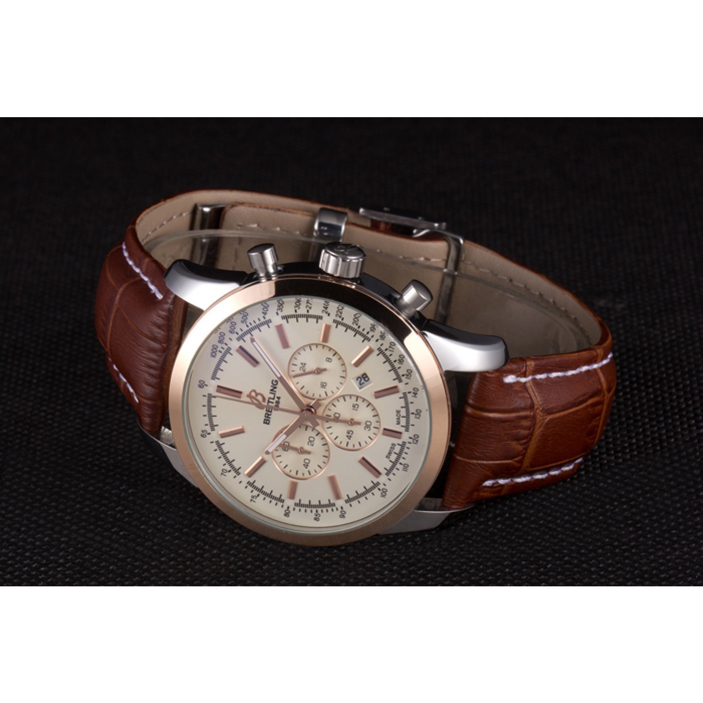 Breitling Transocean White Dial Light Brown Leather Strap Rose Gold Bezel