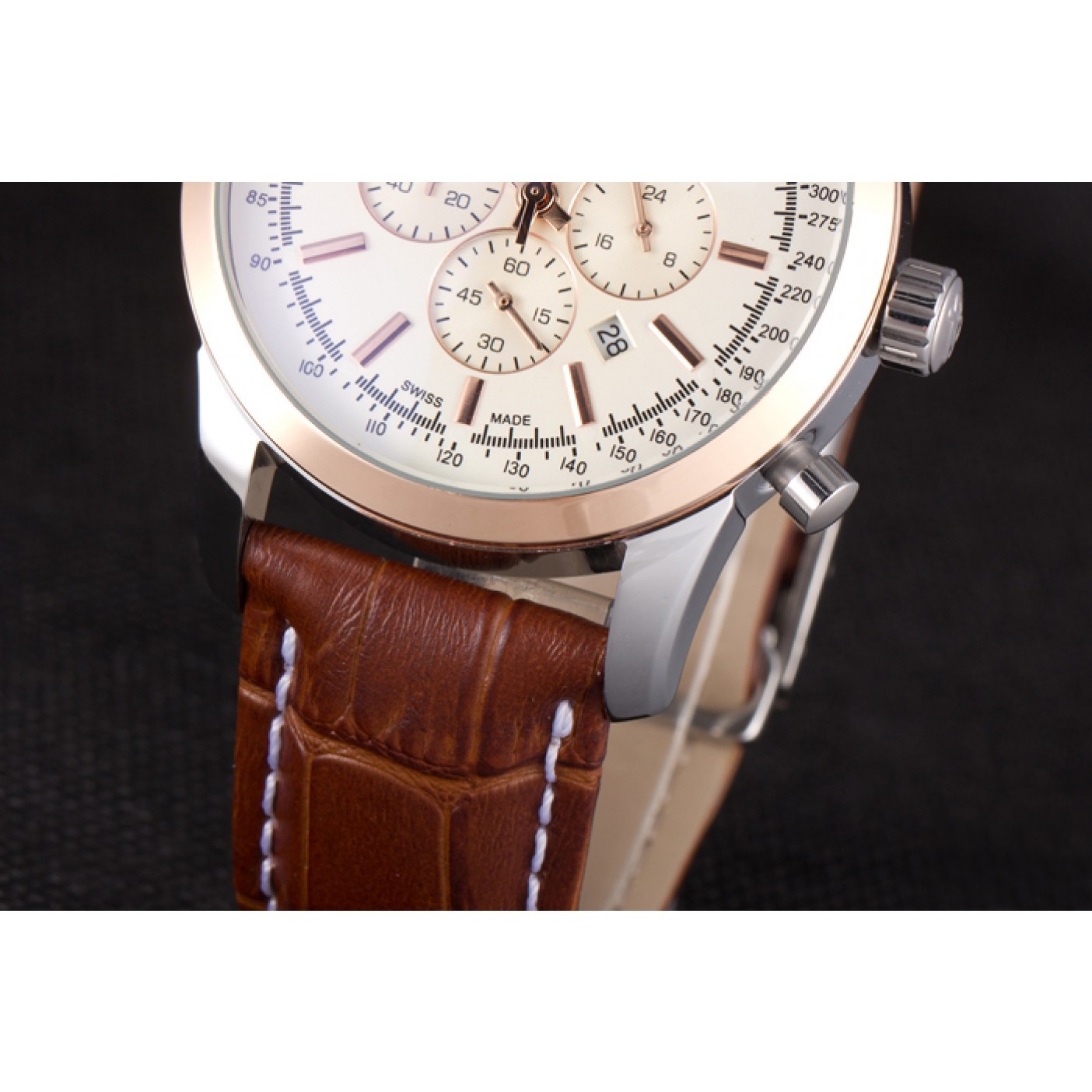 Breitling Transocean White Dial Light Brown Leather Strap Rose Gold Bezel