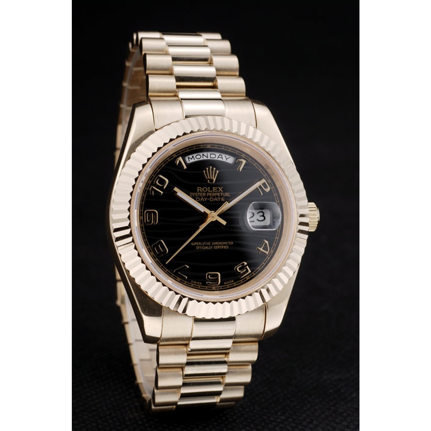 Rolex DayDate Black Patterned Dial Gold Stainless Steel Strap 41980