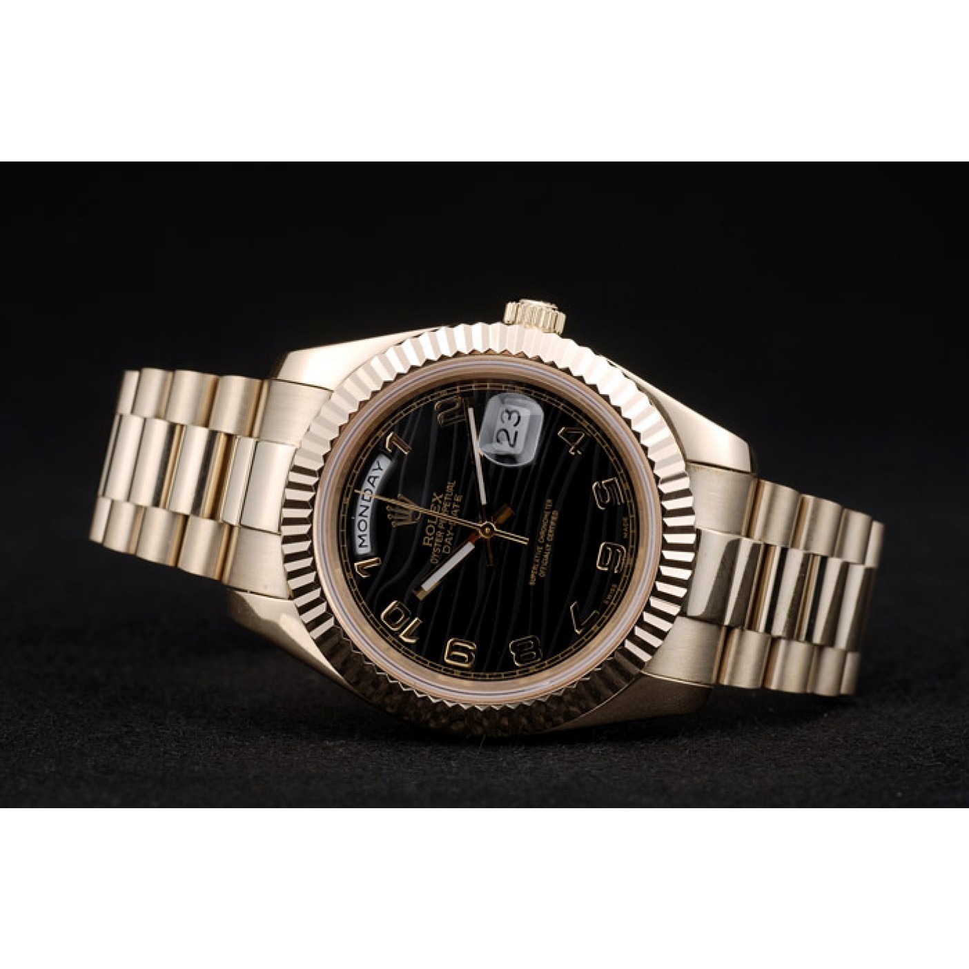 RepTime Watches Rolex DayDate Black Patterned Dial Gold Stainless Steel Strap 41980