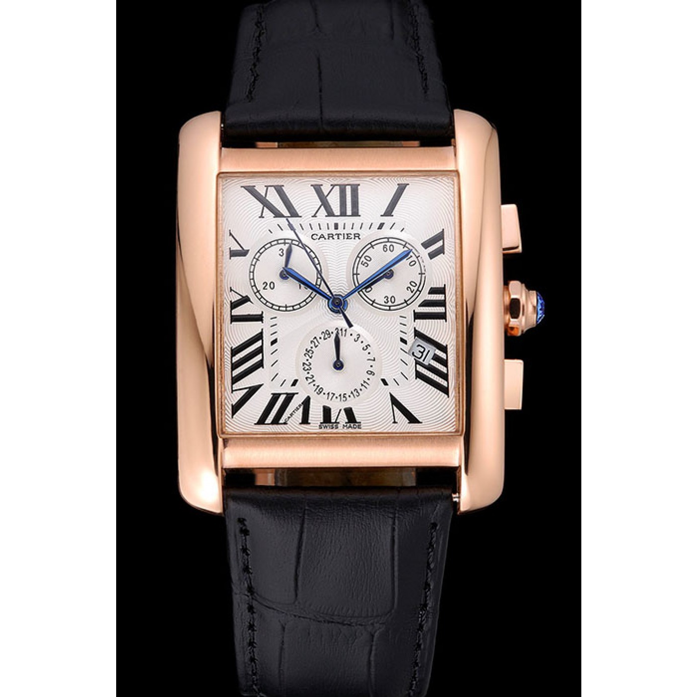 Rep Cartier Tank MC White Dial Gold Case Black Leather Bracelet 622693