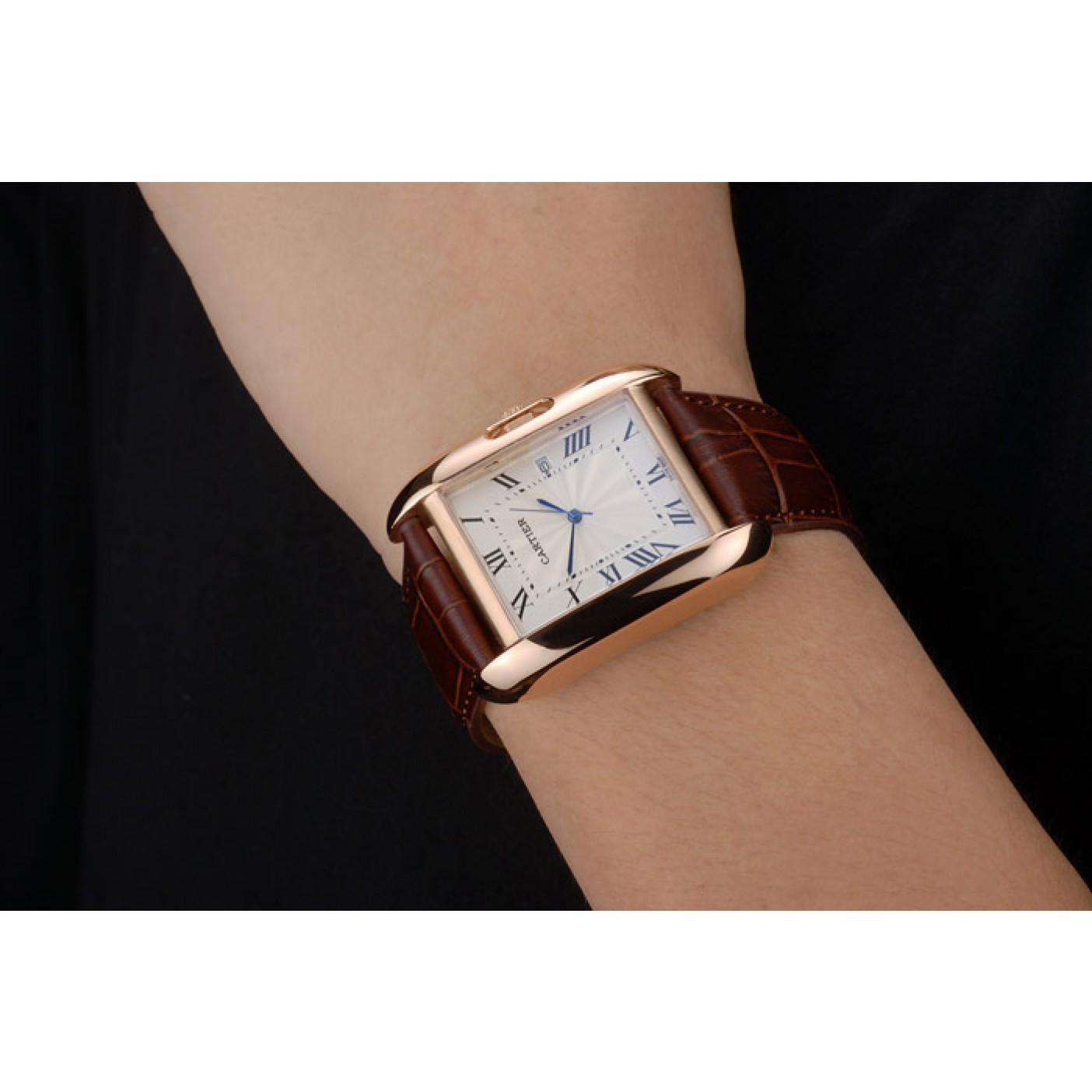 Rep Cartier Tank Anglaise 36mm White Dial Gold Case Brown Leather Bracelet