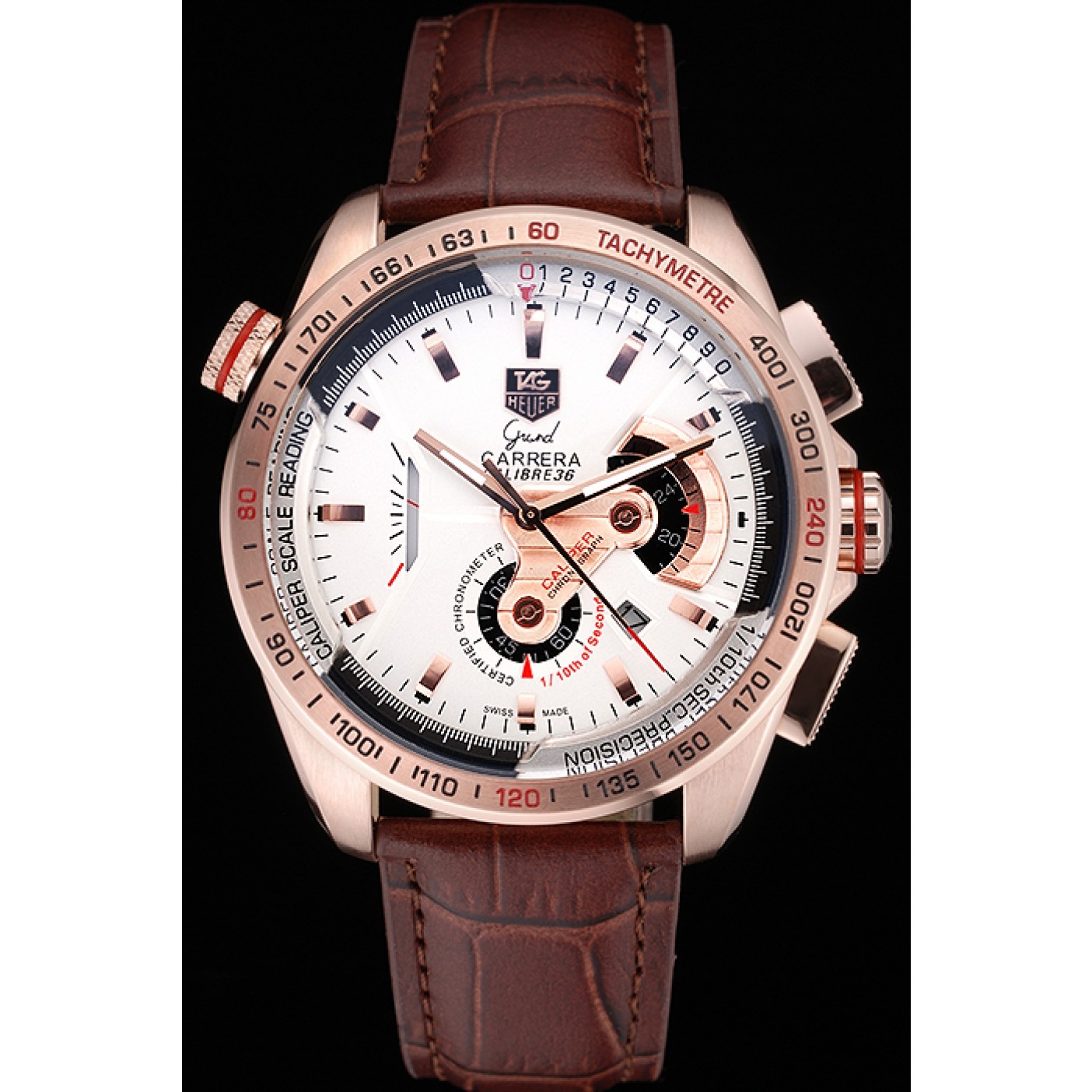 Tag Heuer Carrera Rose Gold Case White Dial Brown Leather Strap 98244