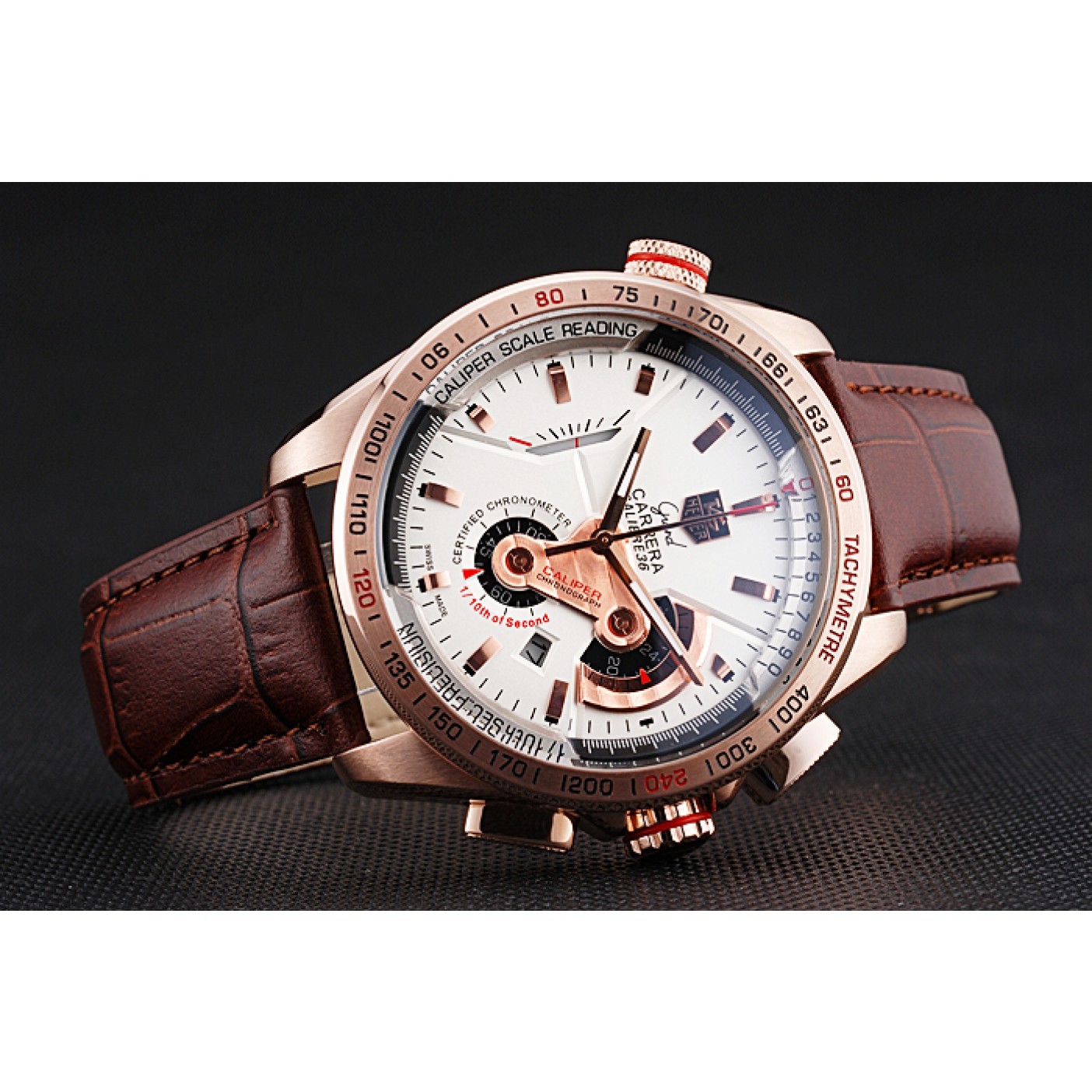 Tag Heuer Carrera Rose Gold Case White Dial Brown Leather Strap 98244