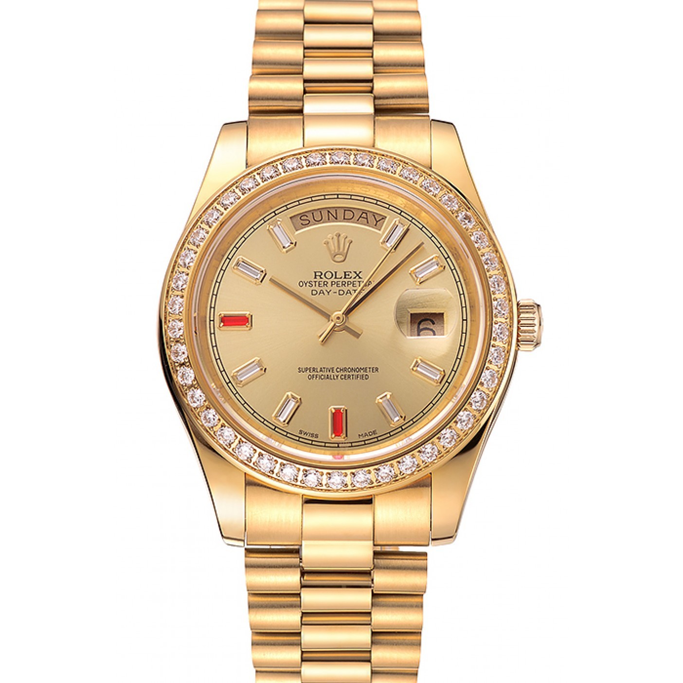 RepTime Watches Swiss Rolex Day-Date Diamonds And Rubies Champagne Dial Gold Bracelet 1454100