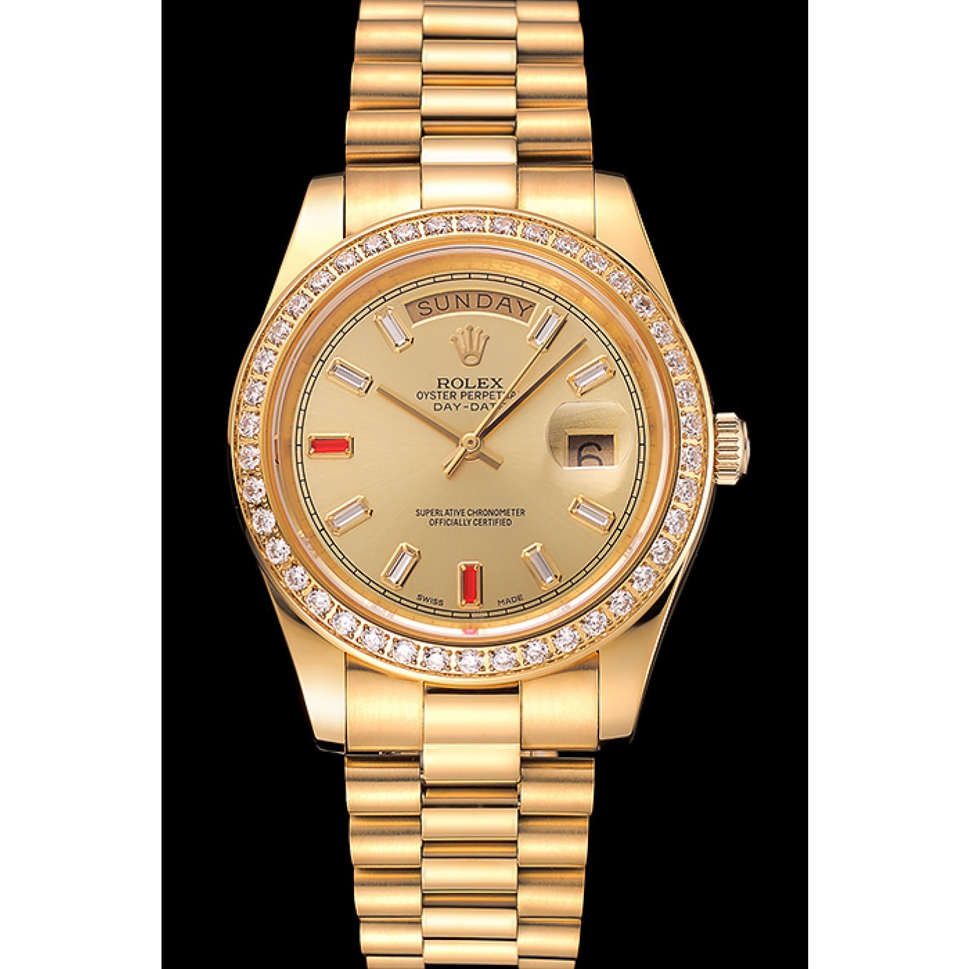 RepTime Watches Swiss Rolex Day-Date Diamonds And Rubies Champagne Dial Gold Bracelet 1454100