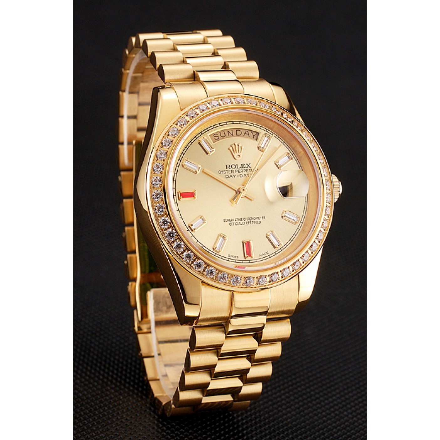 RepTime Watches Swiss Rolex Day-Date Diamonds And Rubies Champagne Dial Gold Bracelet 1454100