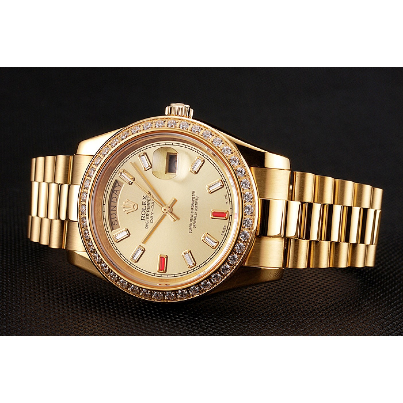 RepTime Watches Swiss Rolex Day-Date Diamonds And Rubies Champagne Dial Gold Bracelet 1454100