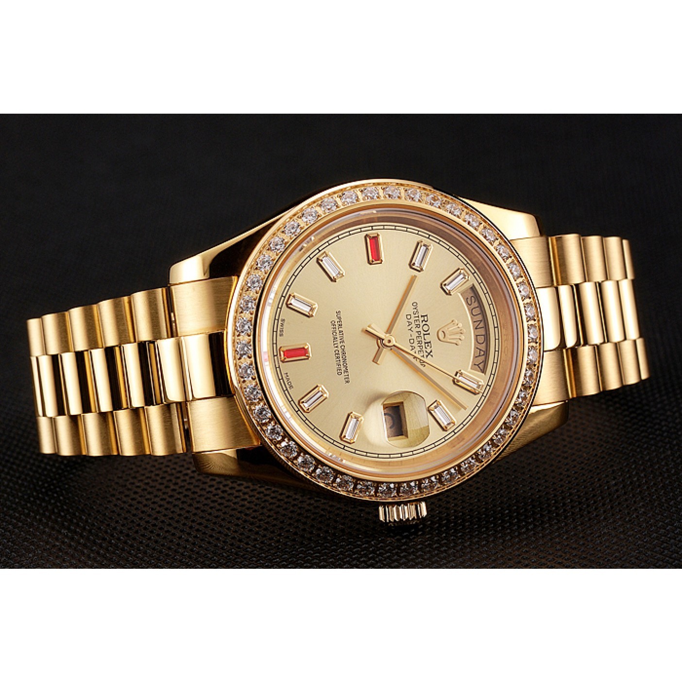 RepTime Watches Swiss Rolex Day-Date Diamonds And Rubies Champagne Dial Gold Bracelet 1454100