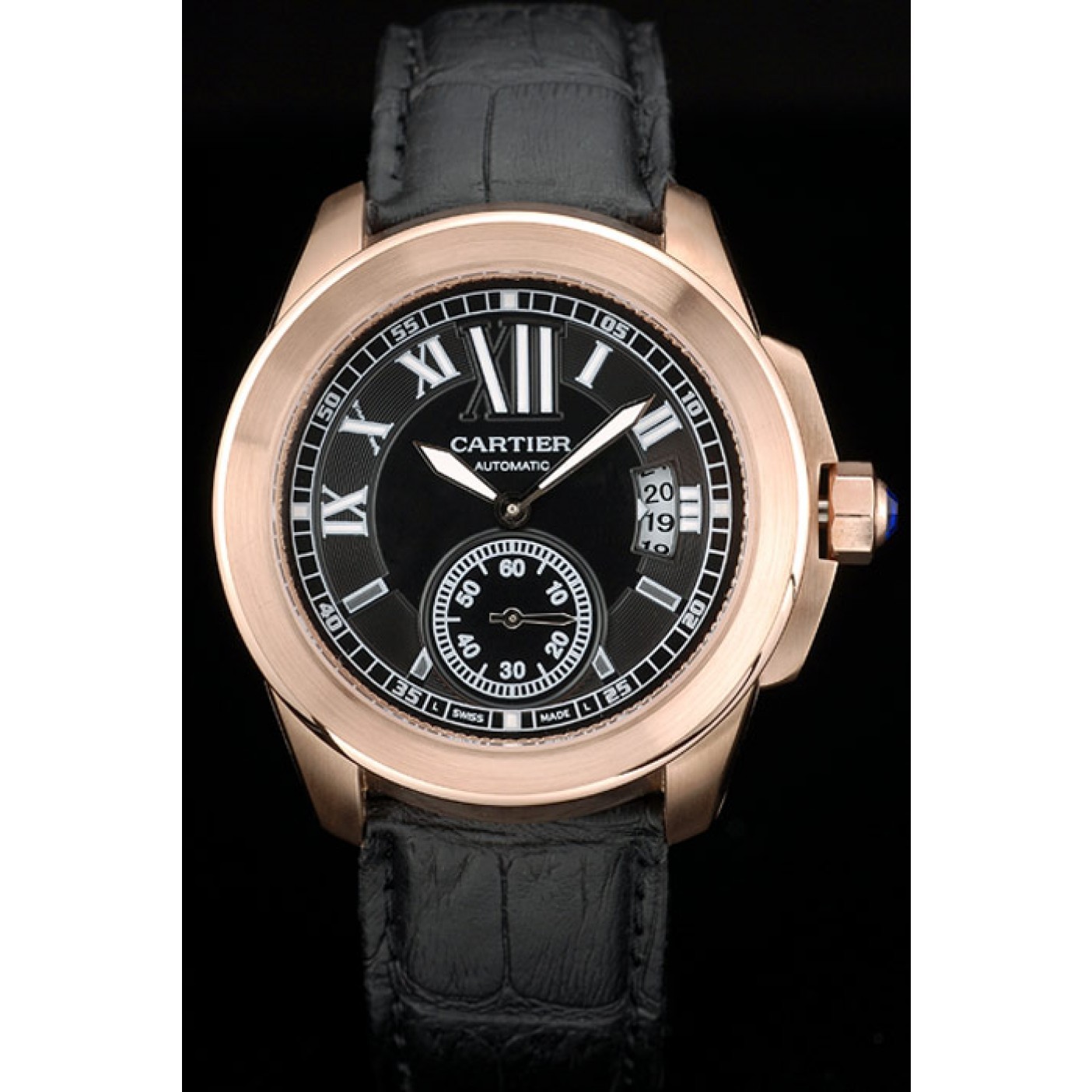 Rep Cartier Calibre Black Dial Gold Case Black Leather Bracelet