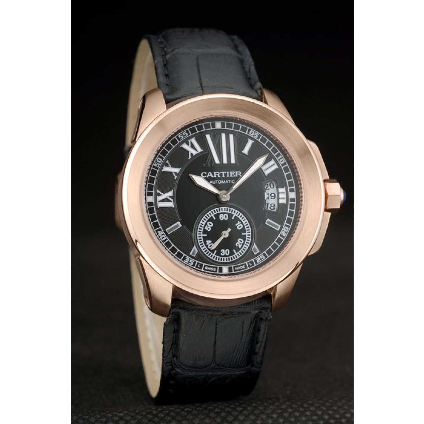 Rep Cartier Calibre Black Dial Gold Case Black Leather Bracelet