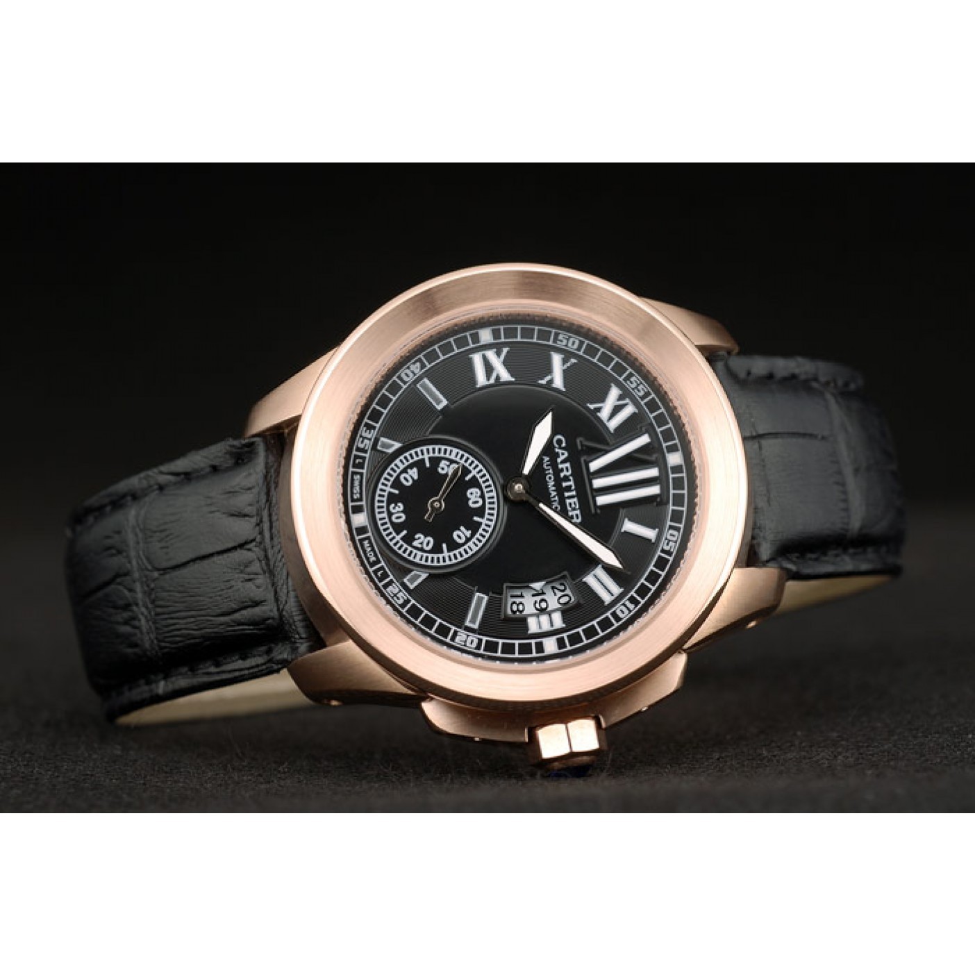 Rep Cartier Calibre Black Dial Gold Case Black Leather Bracelet